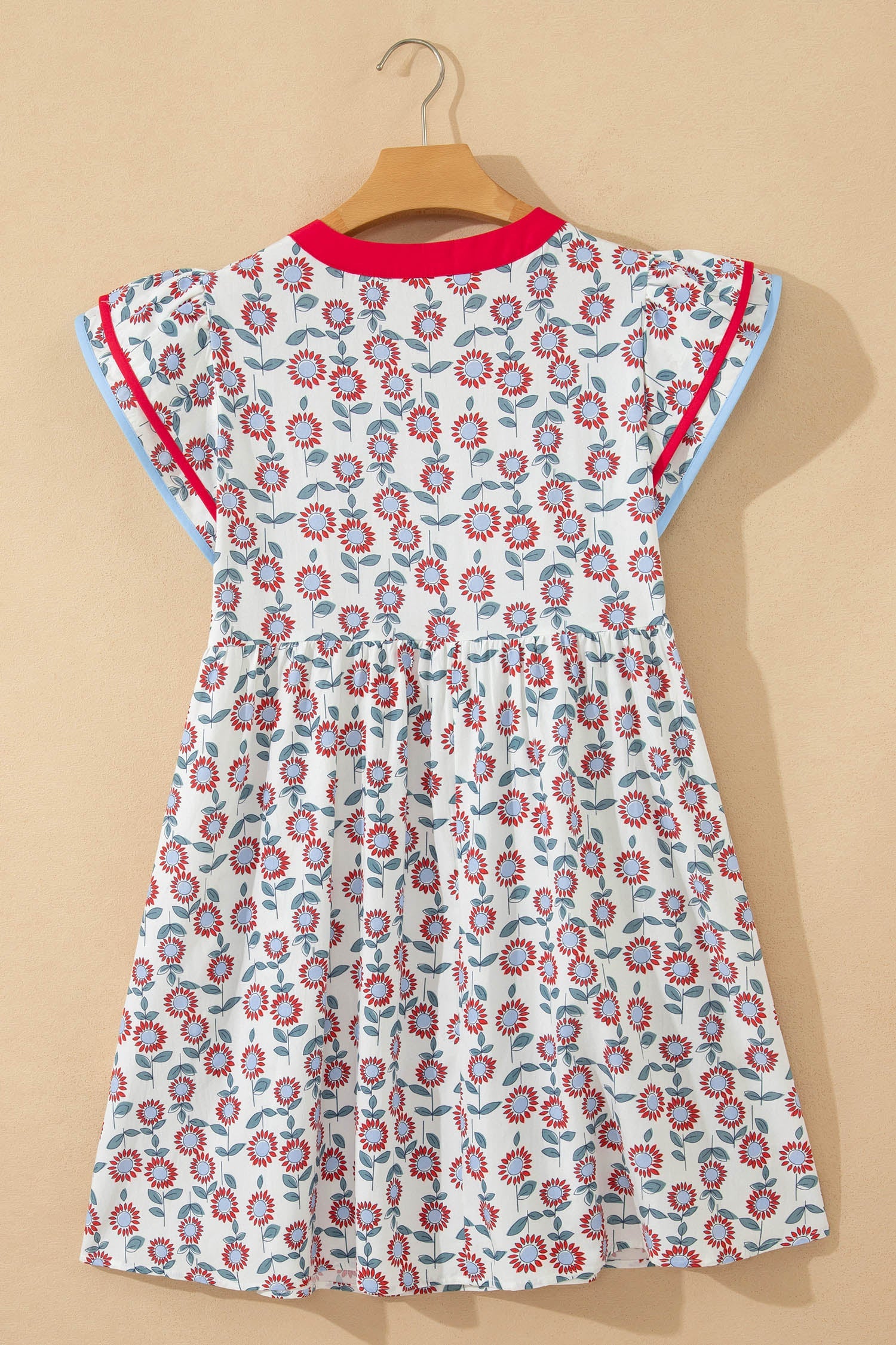 Floral Contrast Trim V-Neck Flutter Sleeve Mini Dress