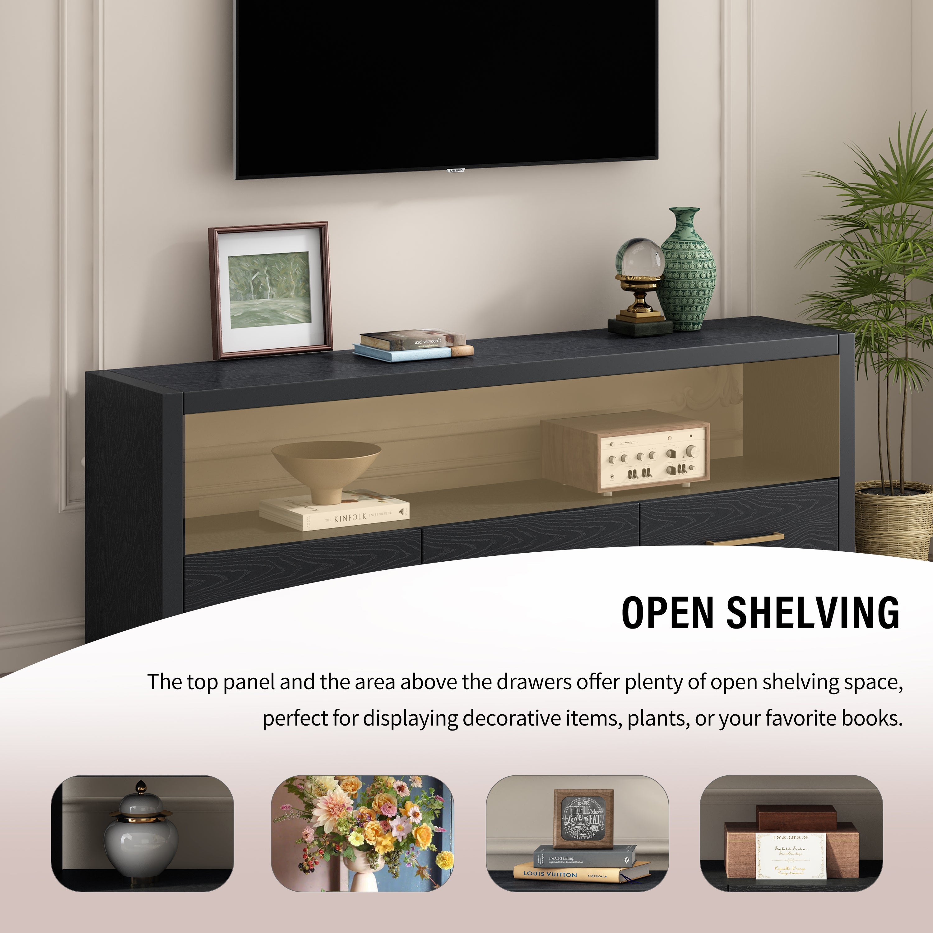 Mirod Stylish TV Stand with Ample Storage,Classic Design with Three Drawers and Spacious Surface,Minimalist Metal Handles,Versatile as TV Console or Side Cabinet