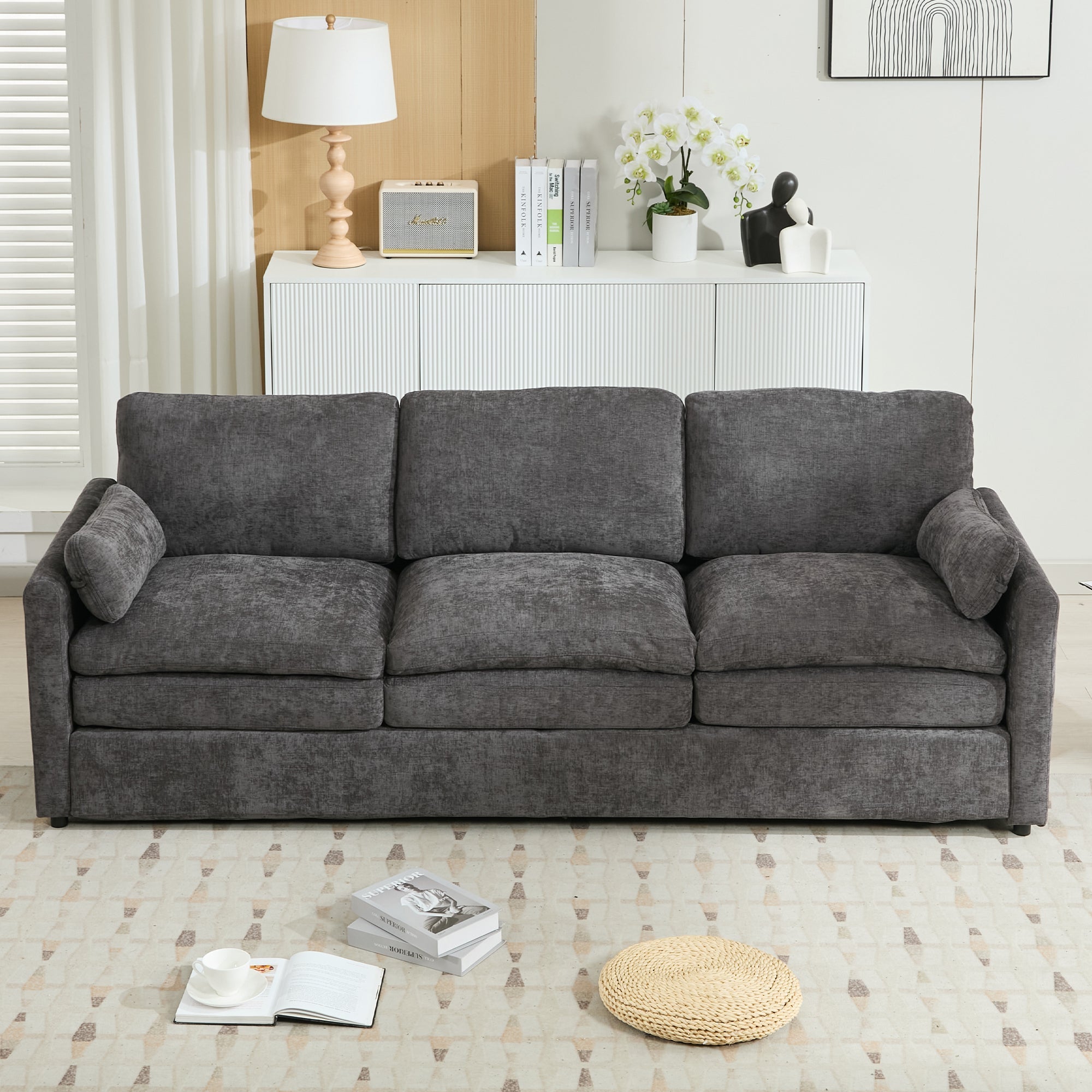 Cozy Upholstered Oversized 3-Seater Cloud Sofa with Double Cushion in Grey Chenille