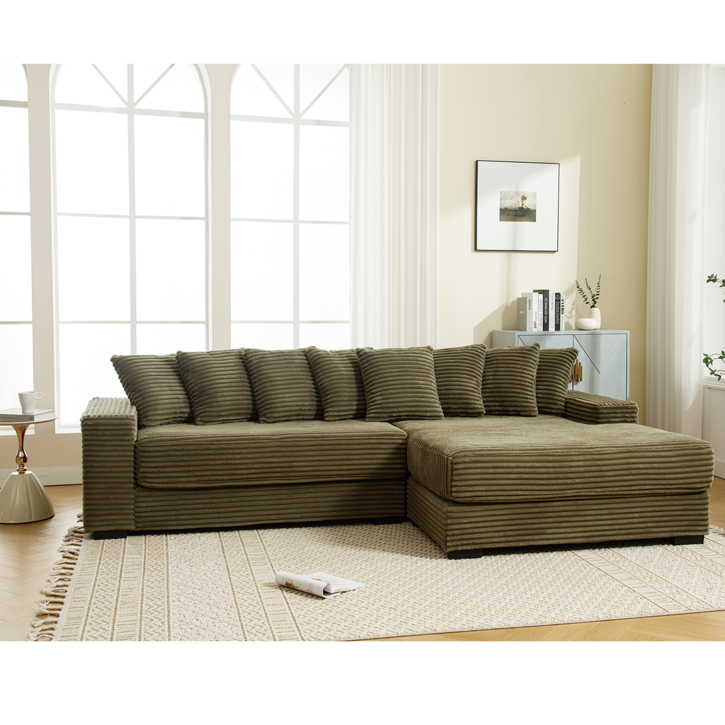 [NEW ARRIVED] [VIDEO PROVIDED] Oversized Two-Piece Couches, L Shaped Sofa, Corduroy, Right Chaise Daybed,with Armrests,Eight Throw Pillows,Corner Sofa,Easy To Assemble, Green