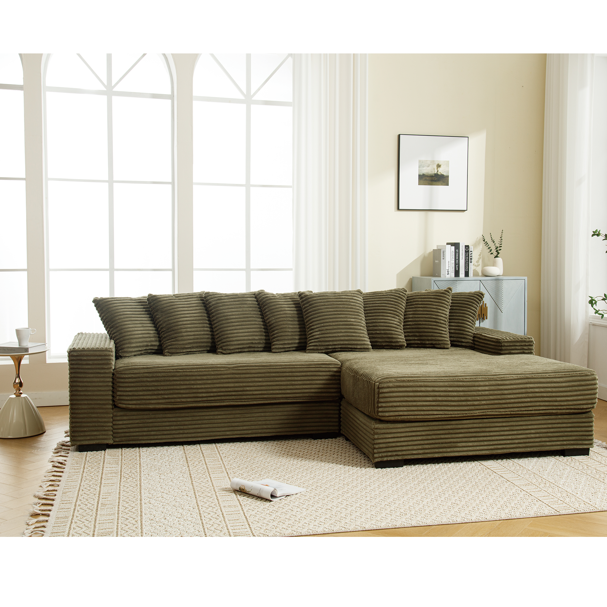 [NEW ARRIVED] [VIDEO PROVIDED] Oversized Two-Piece Couches, L Shaped Sofa, Corduroy, Right Chaise Daybed,with Armrests,Eight Throw Pillows,Corner Sofa,Easy To Assemble, Green