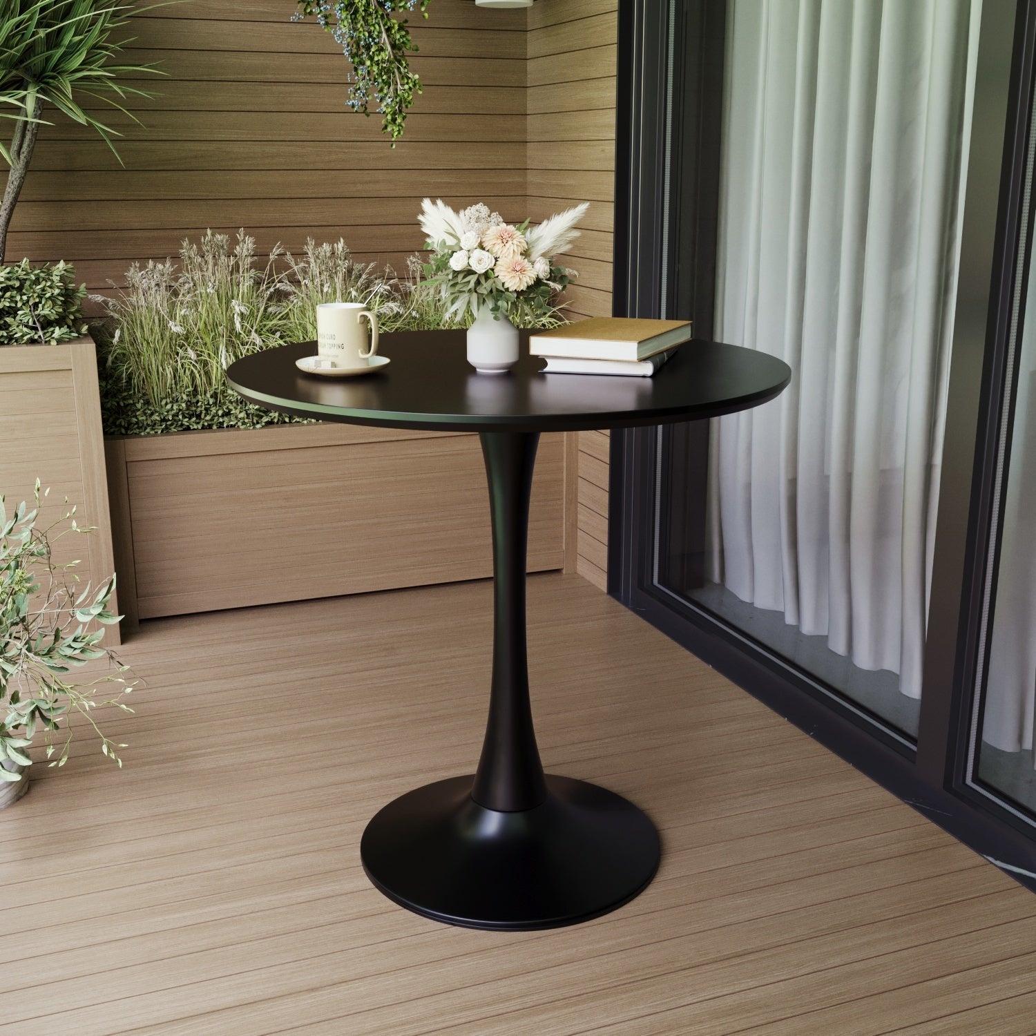 Mid-Century Black Round Dining Table with MDF Top & Pedestal Base for 2-4 People