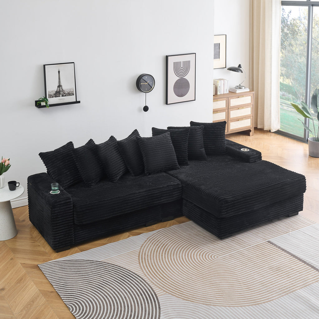 111.4 ' Black corduroy sofa, armrest with cup holder and storage function, recliner can be changed left and right, suitable for living room bedroom lounge area