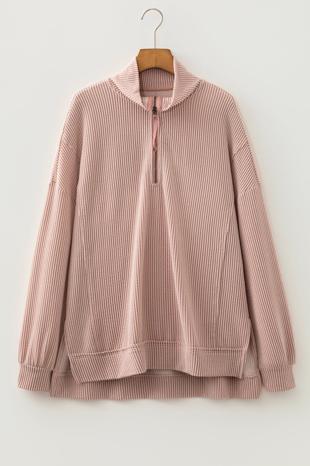 Solid Corded Knit Half Zip Collar Long Sleeve Top