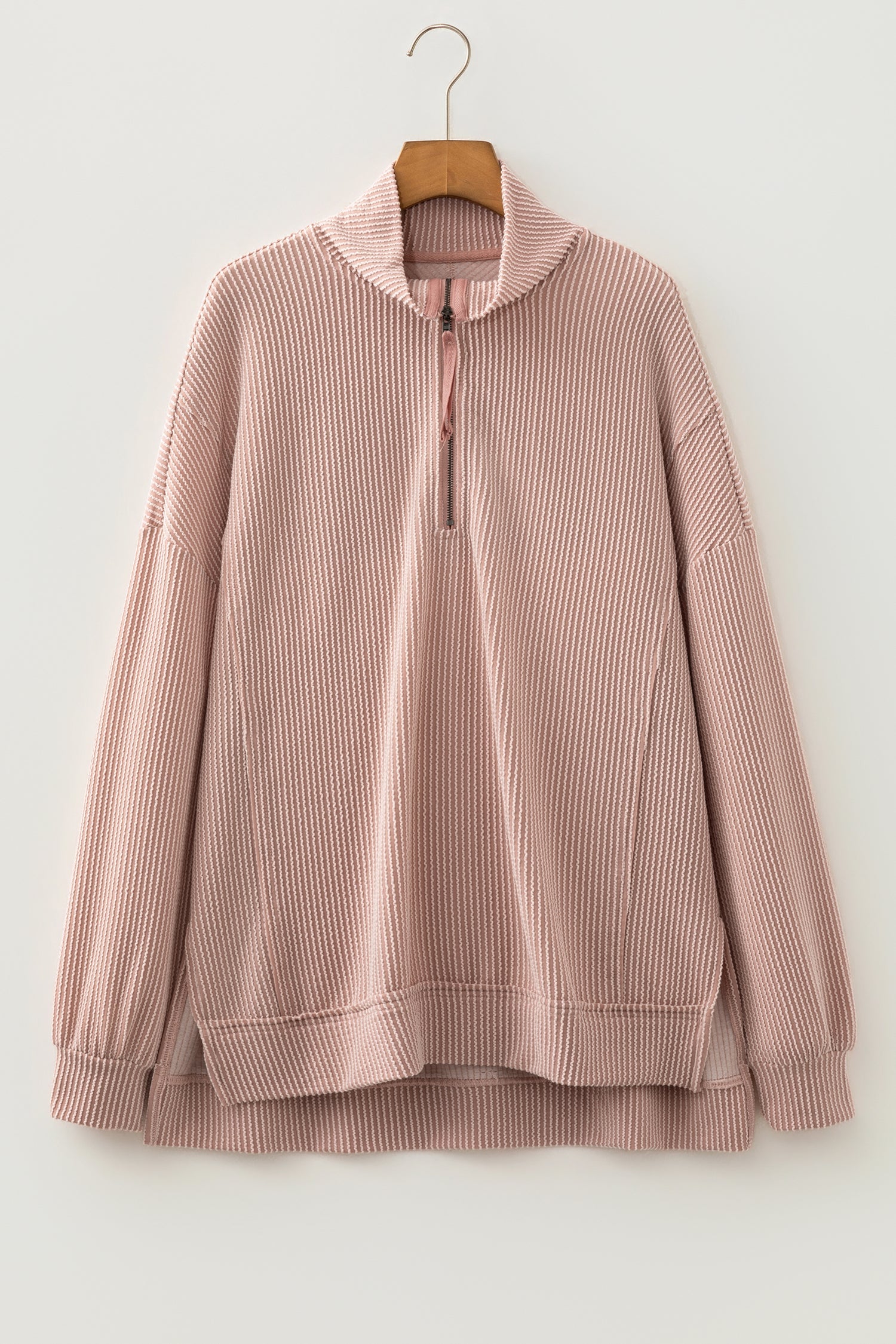 Solid Corded Knit Half Zip Collar Long Sleeve Top