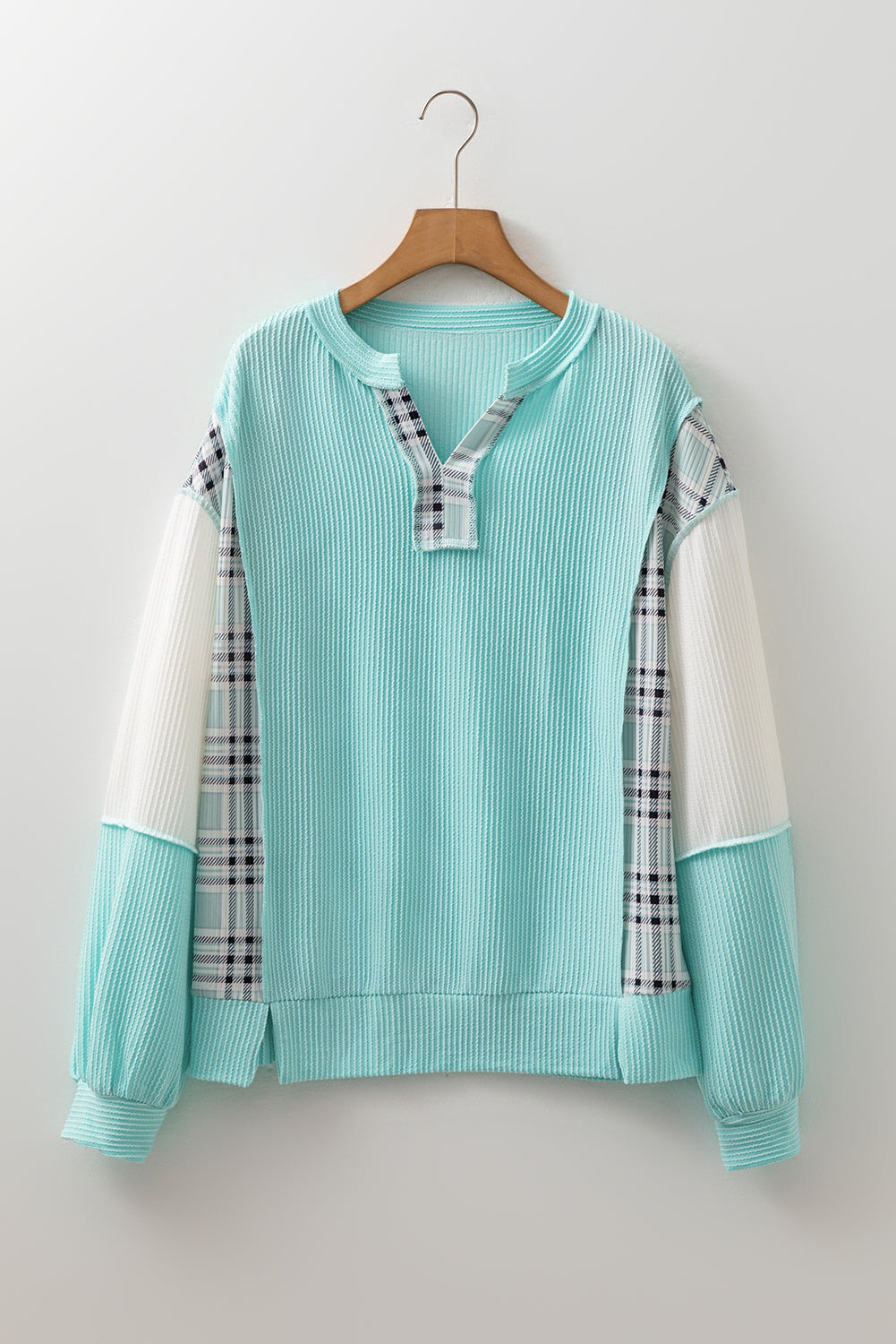 Plaid Colorblock Corded Patchwork Long Sleeve Top
