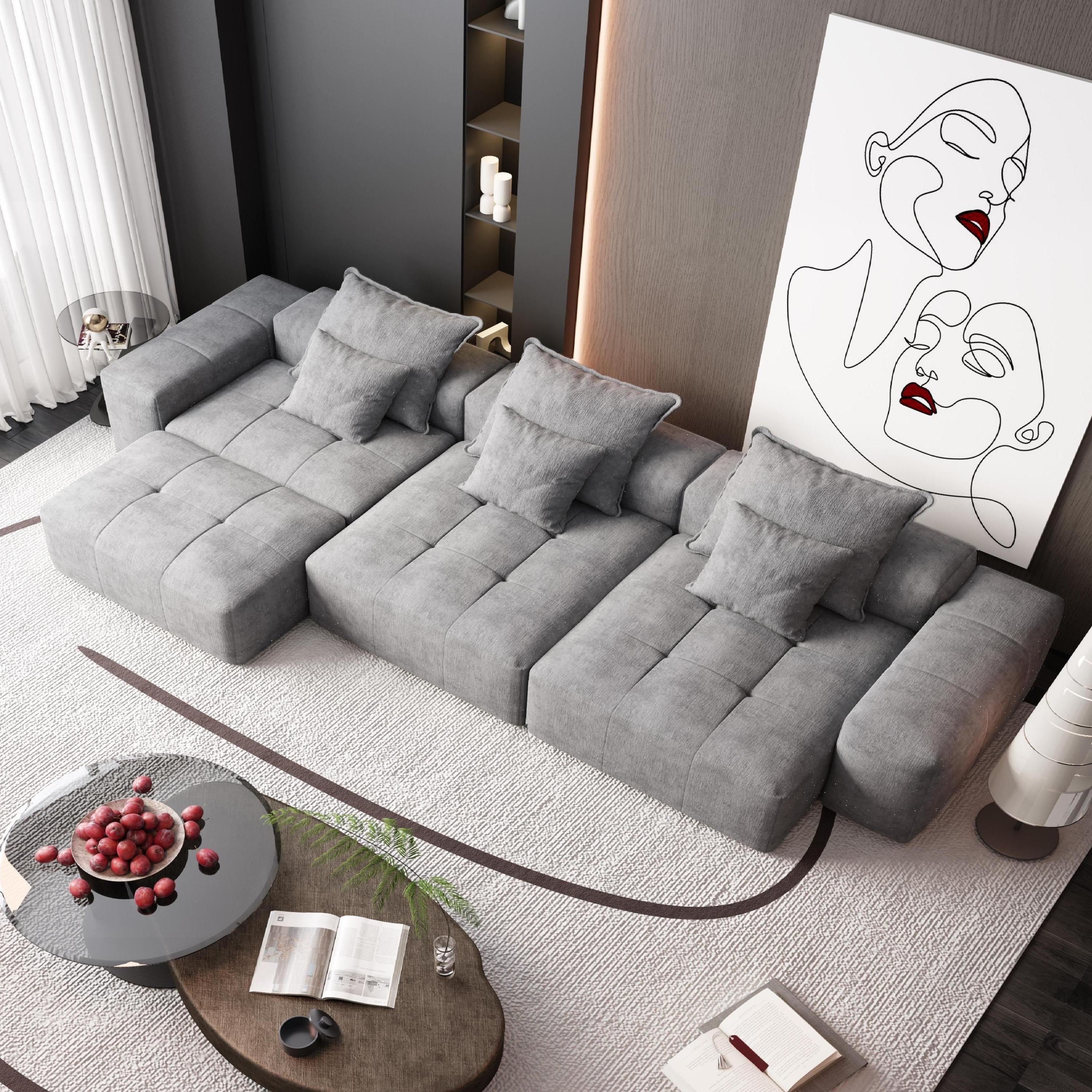 Modern Oversized Modular Sectional Sofa, Sparkling Chenille Fabric Soft Cushion Sofa with 6 Pillows, 6 PCS DIY Combination Tufted Sofa, No Assembly Required, GREY