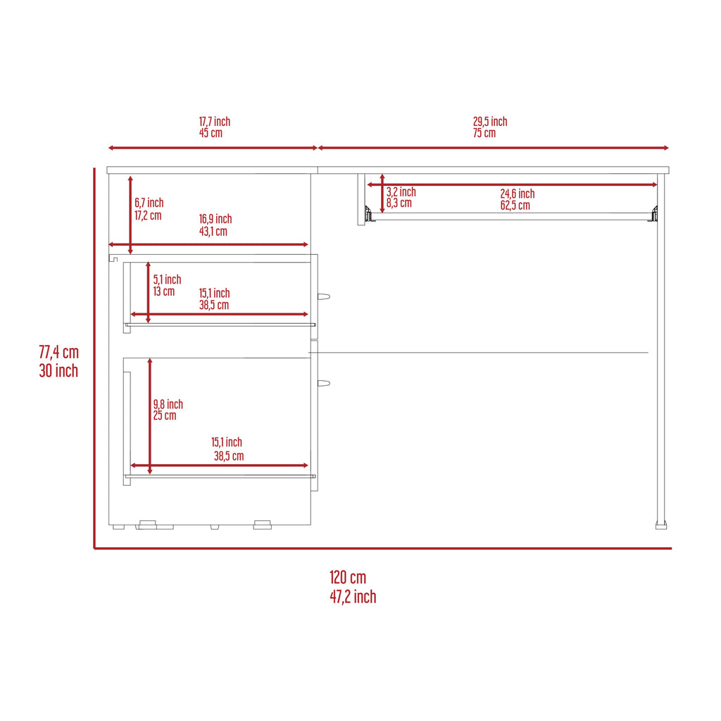 Raleigh L-Shaped Desk, Two Drawers, One Shelf, CPU Storage
