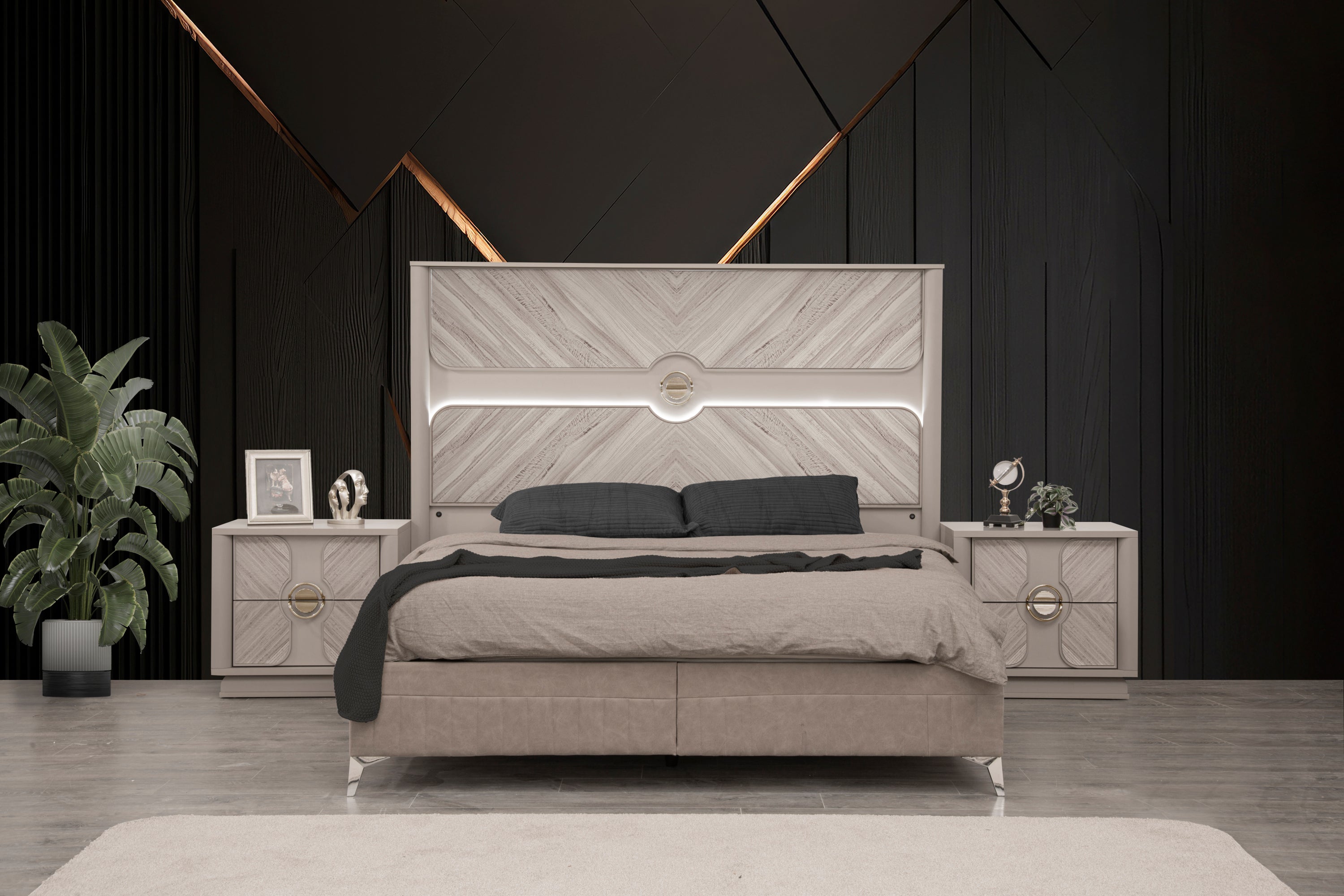 Eternity Traditional Style 5 Pc Queen Bedroom Set Made with Wood and Gold Accents in Beige(NJ INVENTORY)