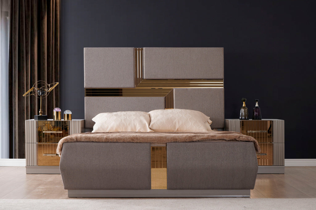 Lorenzo King 4 Pc Bedroom Set made with wood and Gold Accents  in Gray(NJ Warehouse Inventory)