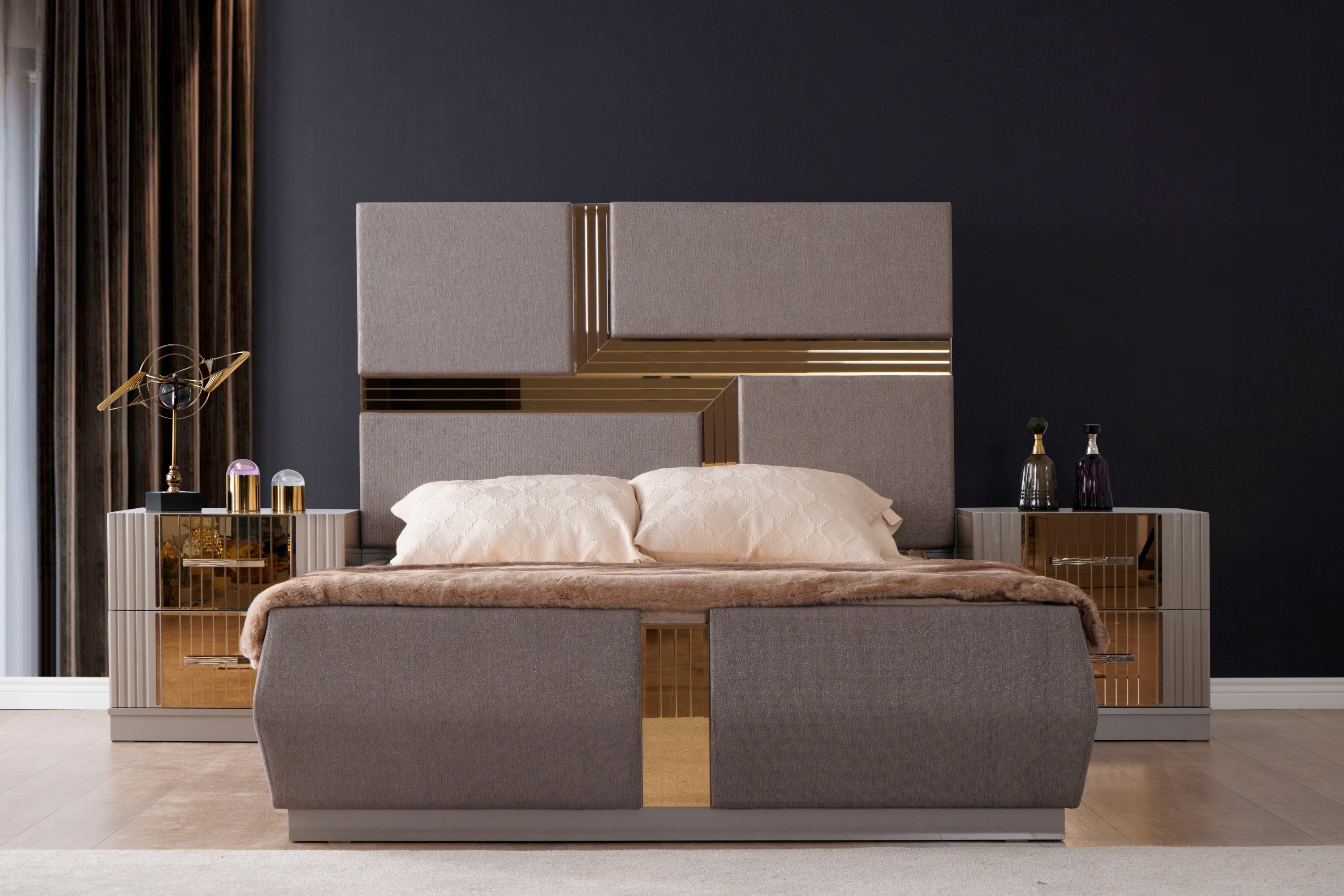 Lorenzo King 4 Pc Bedroom Set made with wood and Gold Accents  in Gray(NJ Warehouse Inventory)