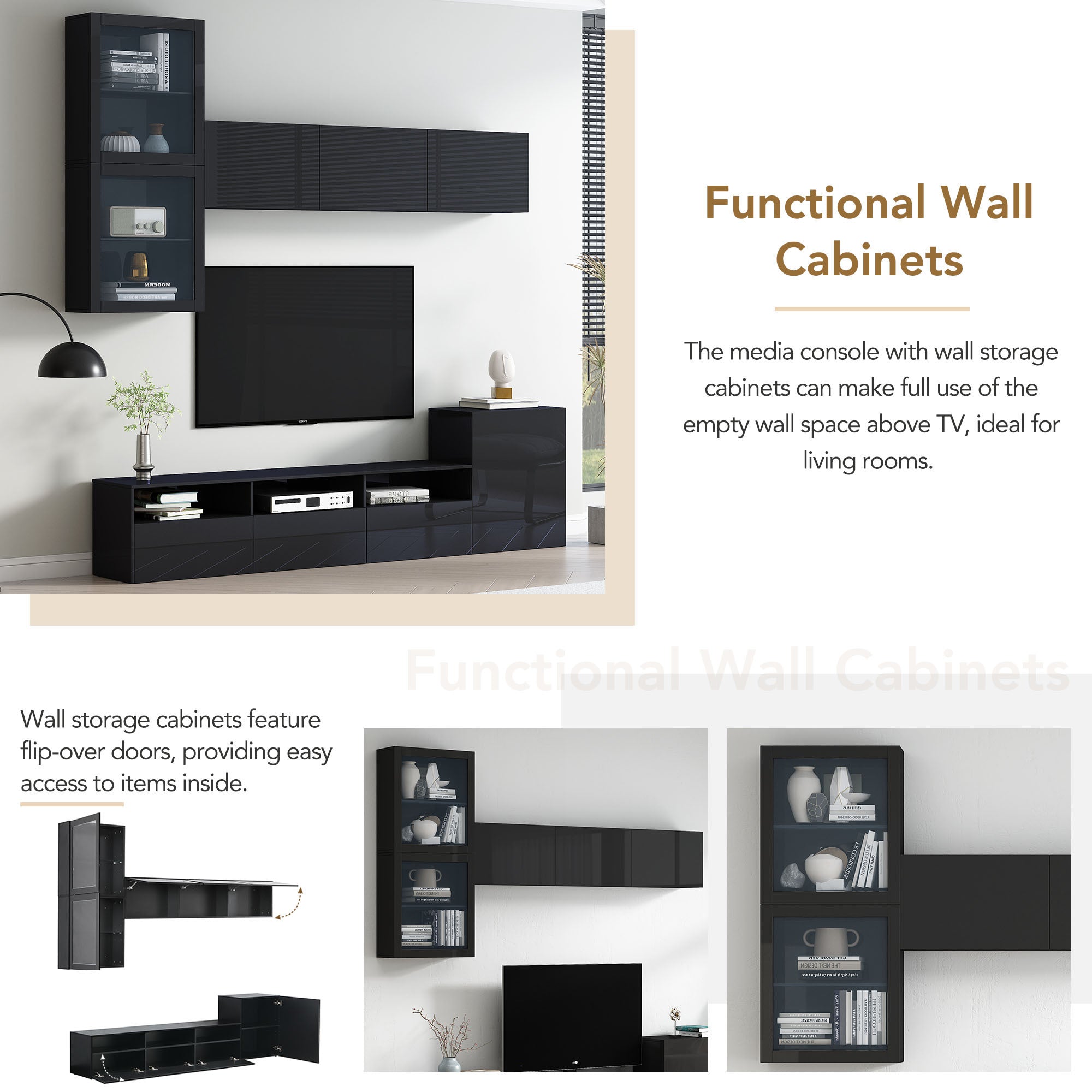 ON-TREND High Gloss TV Stand with Ample Storage Space, Media Console for TVs Up to 78', Versatile Entertainment Center with Wall Mounted Floating Storage Cabinets for Living Room, Black