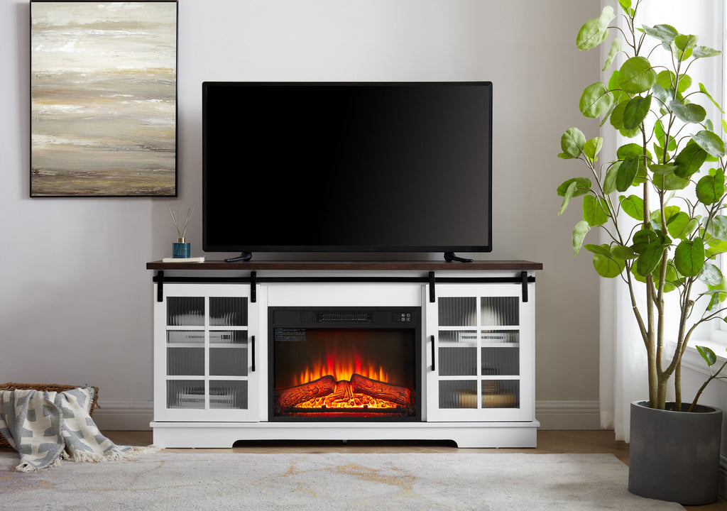 Multipurpose Sliding Door TV Cabinet Large Storage Cabinet with 2 Sliding Glass Doors, TV Storage Rack with 23' Fireplace TV Cabinet, WHITE+BROWN, 59.13'W*15.94'D*27.8'H