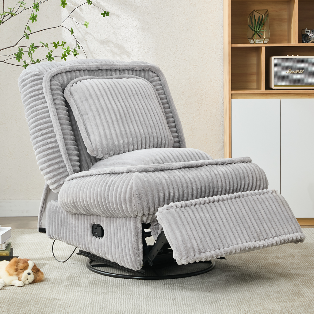 [NEW ARRIVED] 360° Swivel Rocking Single Sofa,Recliner Sofa, Manual Glider Rocking Armless Chair,Living Room Office, With Adjustable Backrest and Footrest and pillows, Small Spaces,Corduroy , Gray