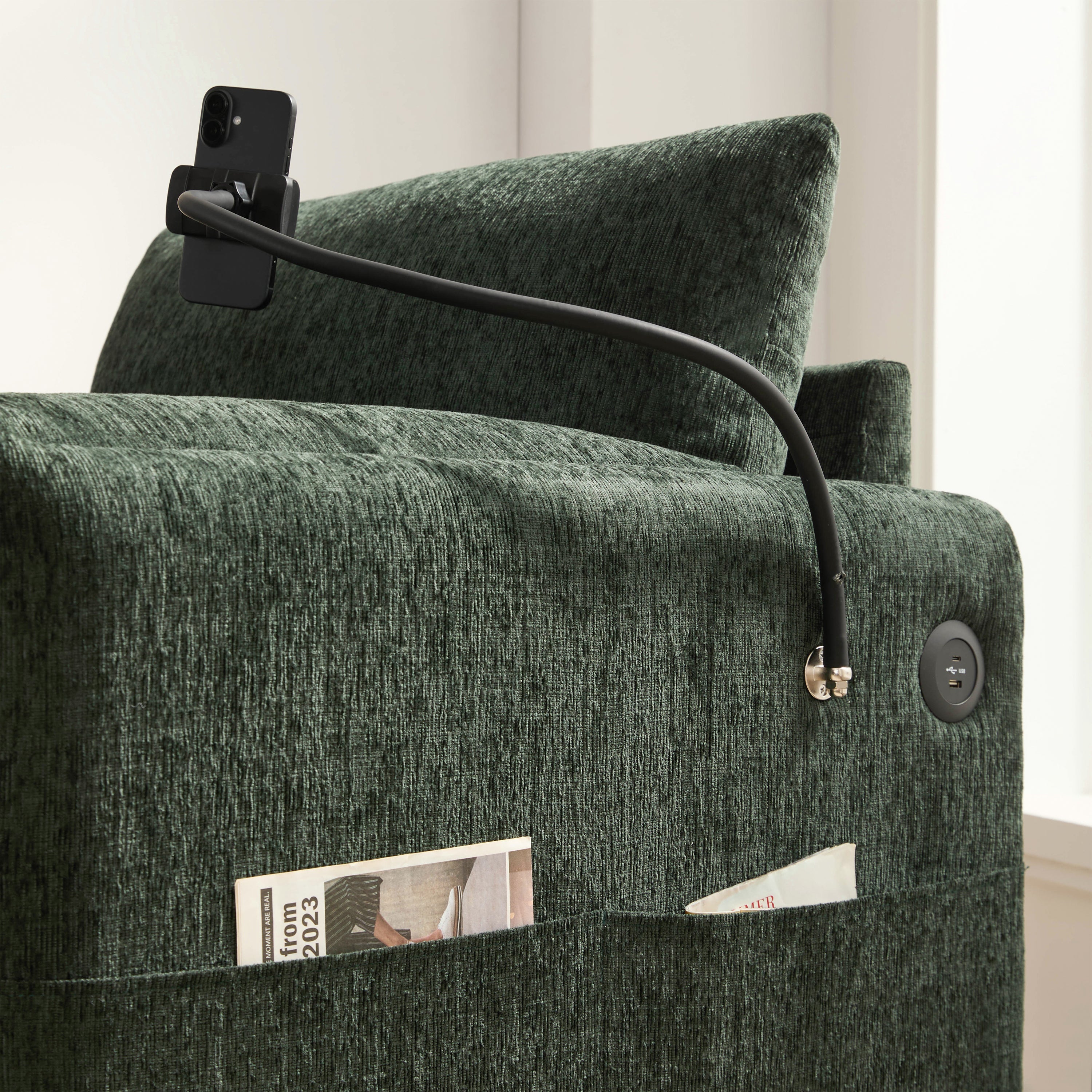 38' Single Sofa with Storage Ottoman, Adjustable Phone Holder, USB Charger, Side Storage Pockets, Pillow-Like Armrests, Wide Seat Chaise Lounge for Living Room&Apartment, Chenille, 4 Colors