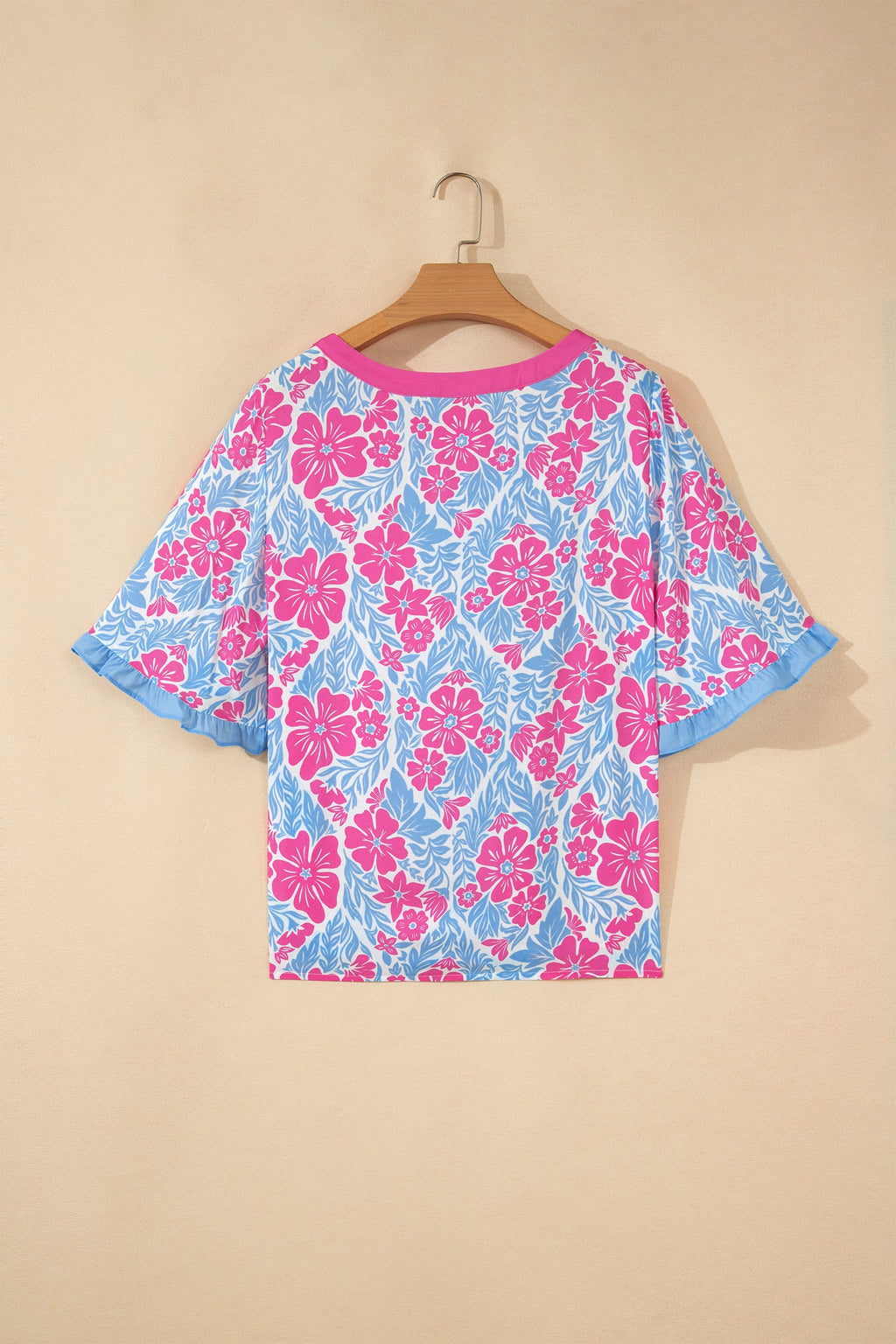 Floral Ruffle Colorblock Trim 3/4 Sleeve Blouse