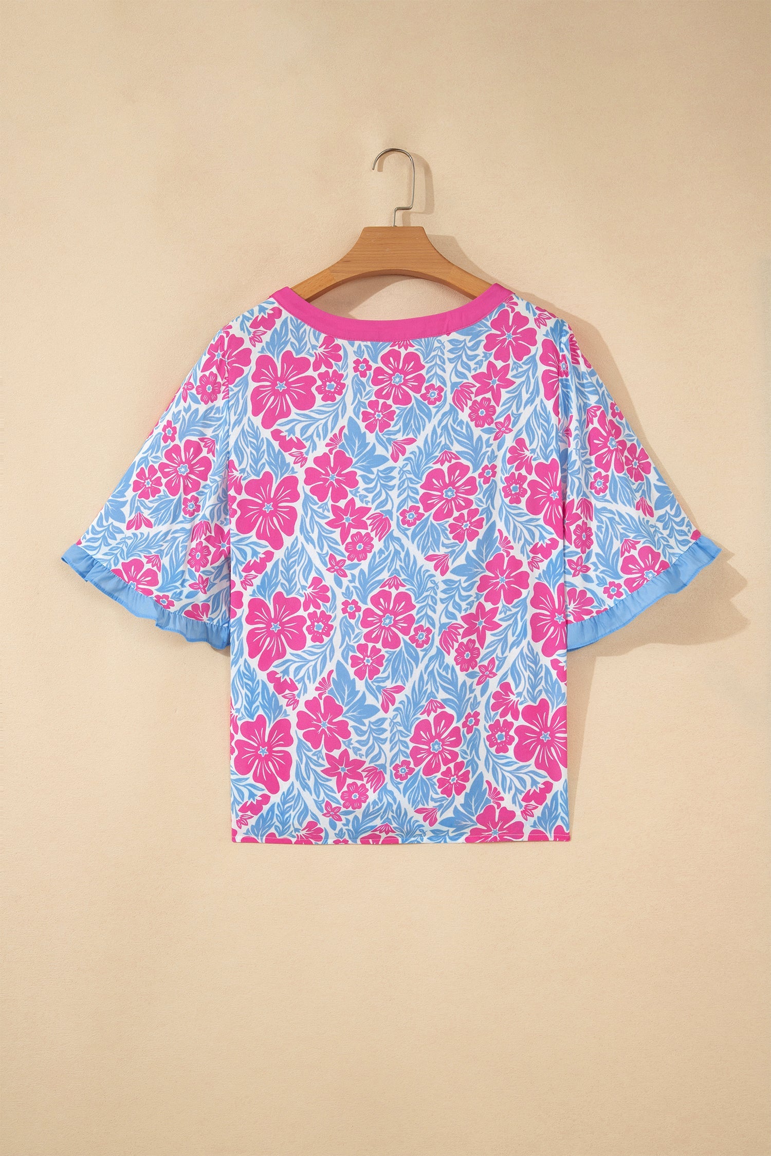 Floral Ruffle Colorblock Trim 3/4 Sleeve Blouse
