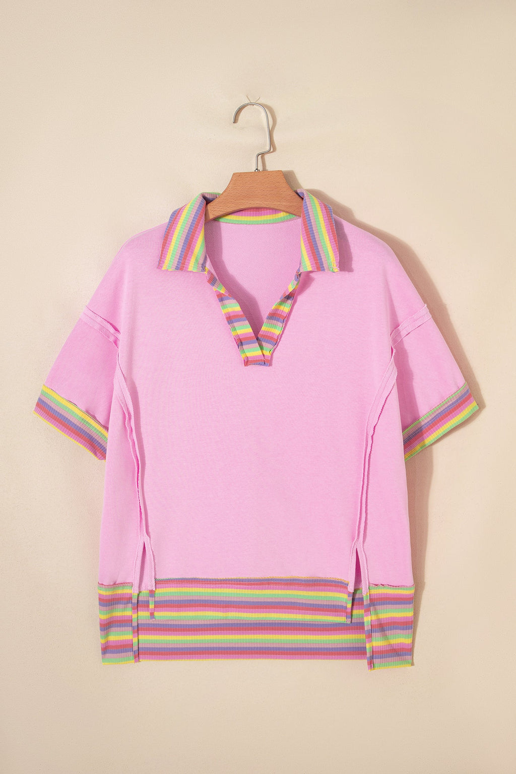 Rainbow Stripe Ribbed Patchwork Oversize Polo Tee