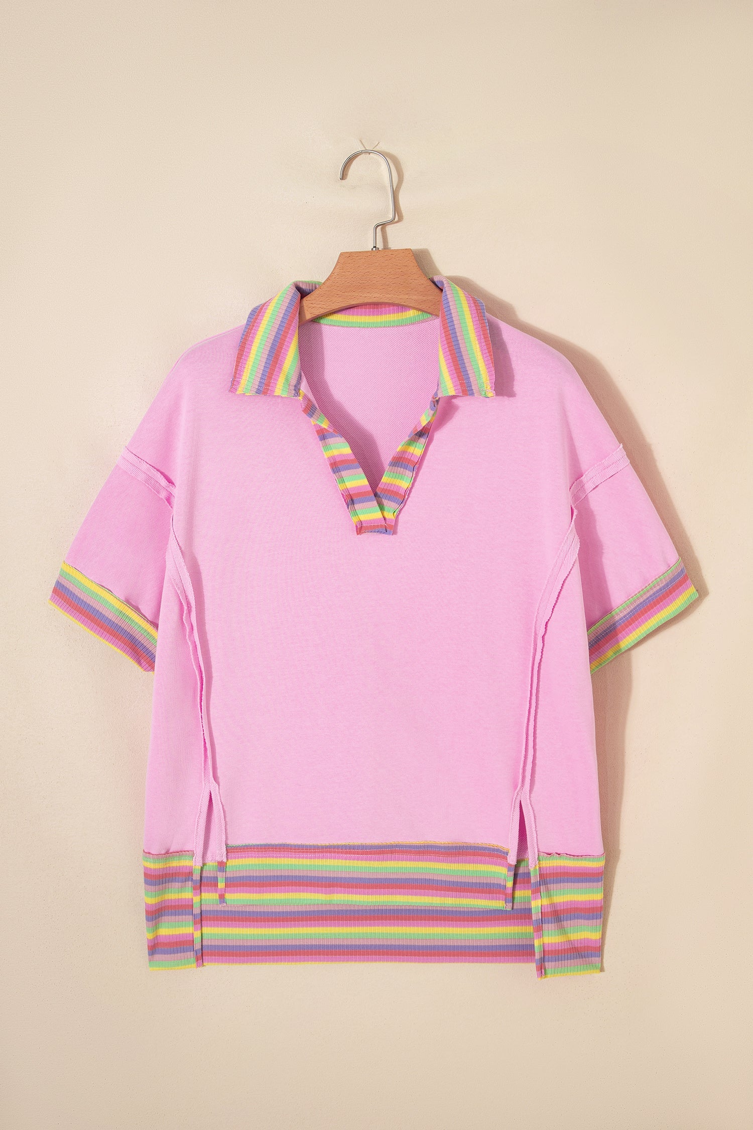 Rainbow Stripe Ribbed Patchwork Oversize Polo Tee