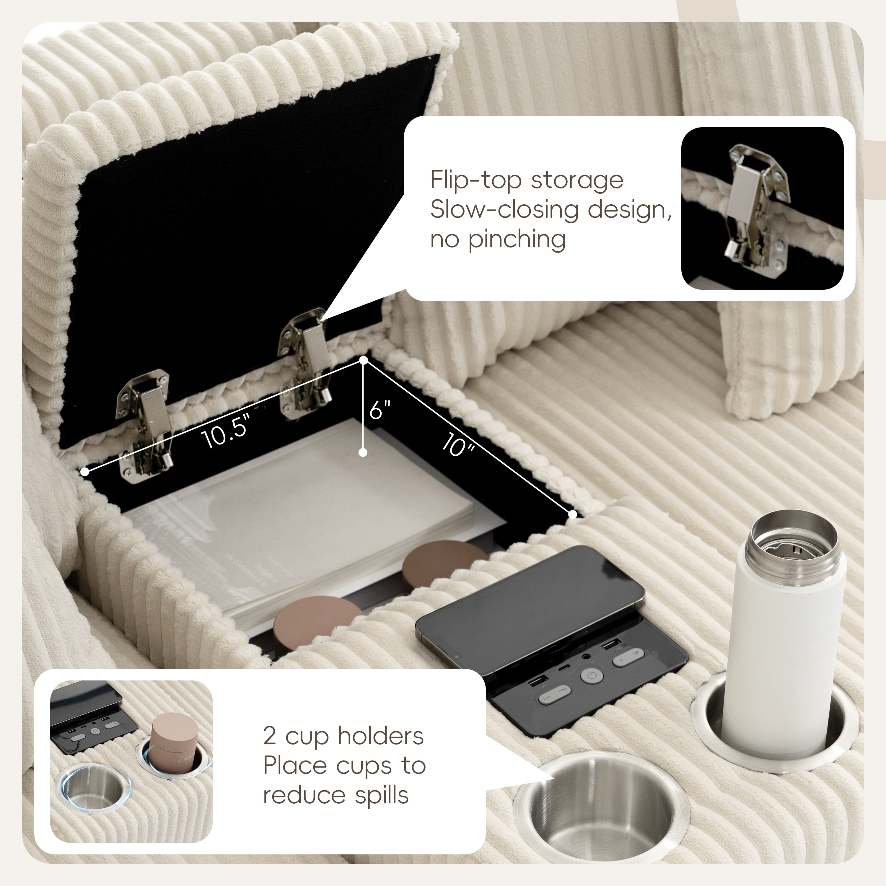 Modular Corduroy Sectional Sofa with Bluetooth Speakers, USB Charger, Cup Holders, Storage, Ottoman, 114*64'' Cream