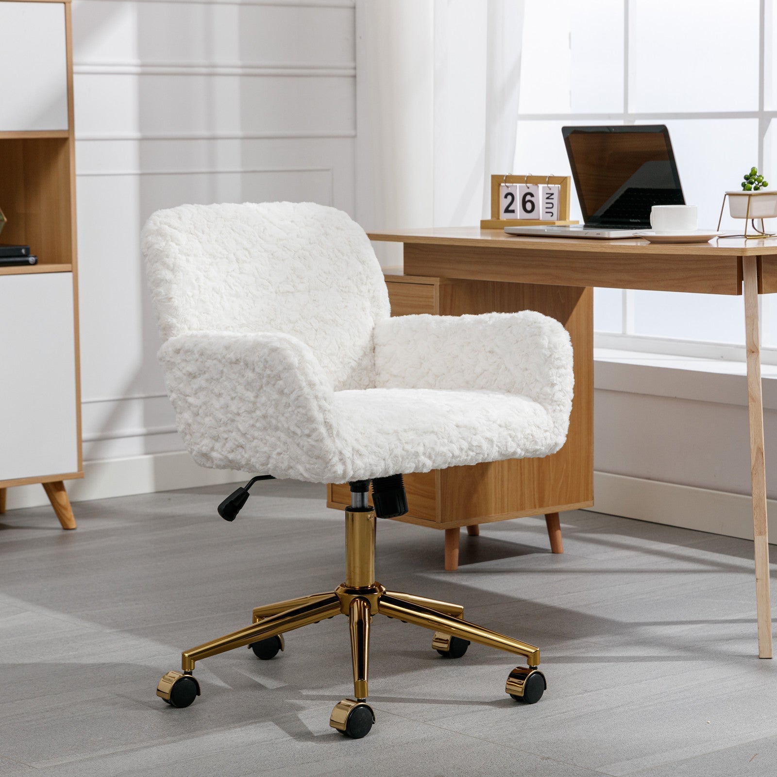 A&A Furniture Artificial Rabbit Hair Office Chair with Golden Metal Base, Adjustable Swivel Vanity Chair, Beige Velvet