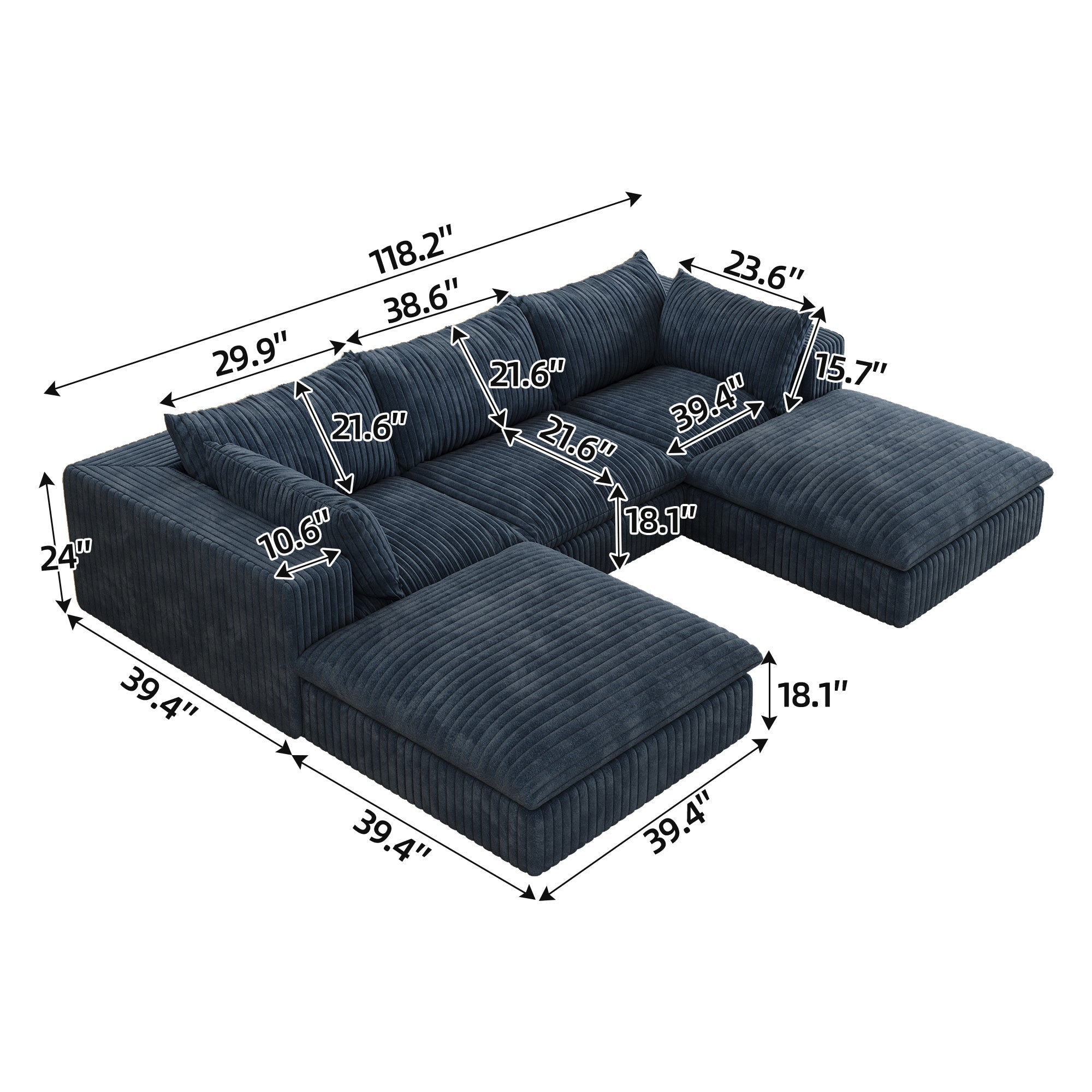 118.2' Cloud Sofa,Corduroy Fabric,Deep Seat Couches,Double-layer design,Removable Cushion,No Assembly, DIY Combination for Living room, Bedroom,Conference room ,Apartment,Blue