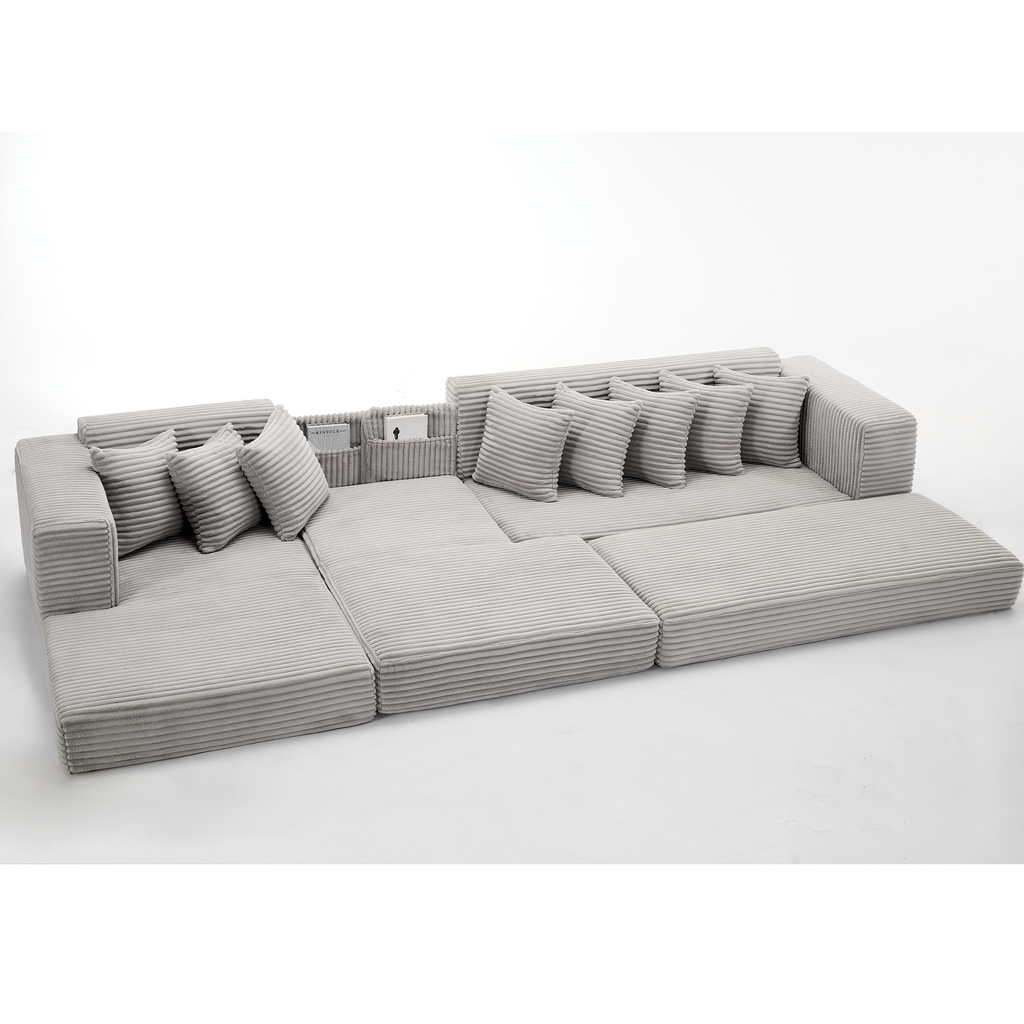 [NEW ARRIVED] [VIDEO PROVIDED]   Oversize Cloud Couch, L-Shape Sofa, Convertible Floor Sleeper Sofa Bed,  No Assembly ,Eight pillows,3-in-1,Side Pocket,(Left Facing Sofa),3 Seat,Corduroy,Light Gray