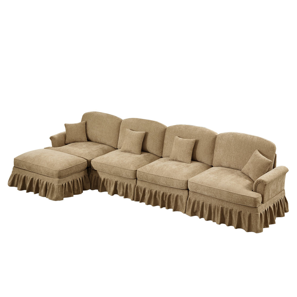 Classic Three Seater Modular L Shaped Sectional Couch with Flared Arms and Removable Ruffles Pleats Skirts and Spindle Legs, Comfy Chenille Four-Seat Deep Seat Sofa with Movable Ottoman, Light Coffee