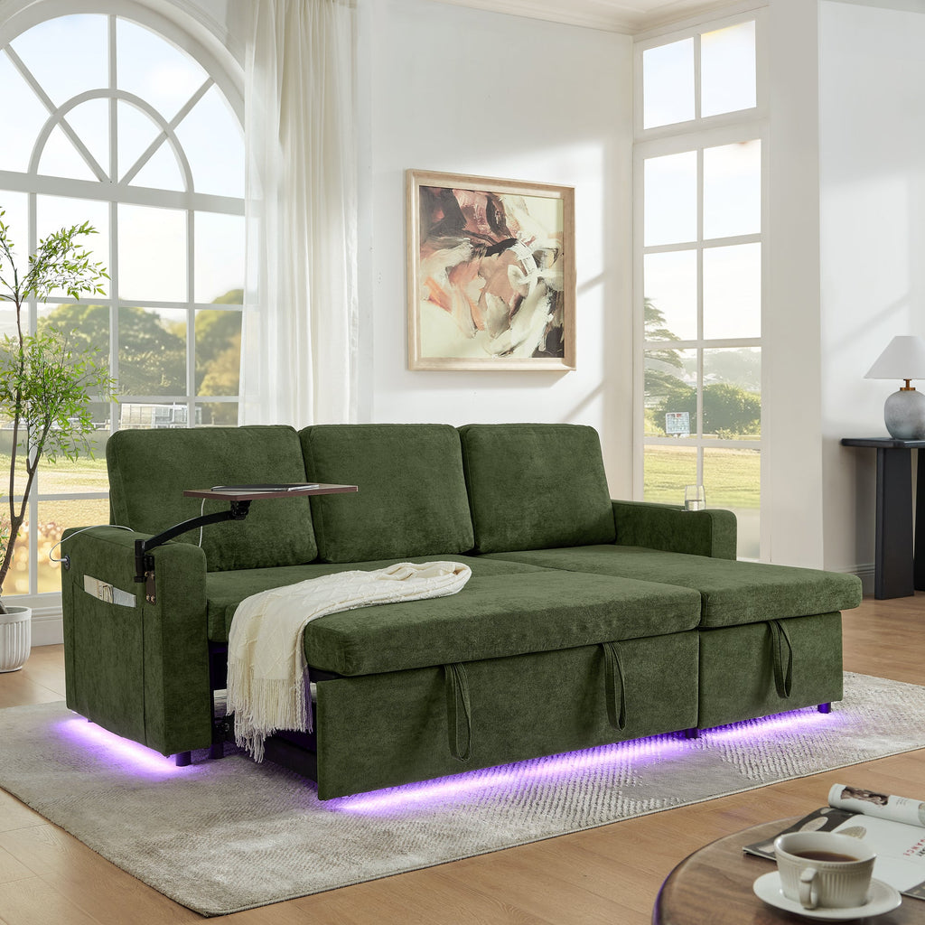 Modern Chenille Multi-functional Pull-Out Bed Sofa with Retractable Table and LED Lighting, USB Charging Ports and Cup Holders, Green