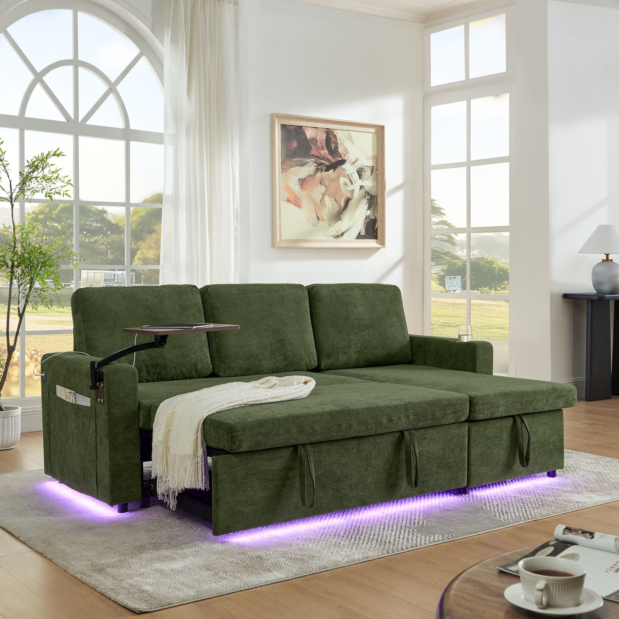 Modern Chenille Multi-functional Pull-Out Bed Sofa with Retractable Table and LED Lighting, USB Charging Ports and Cup Holders, Green