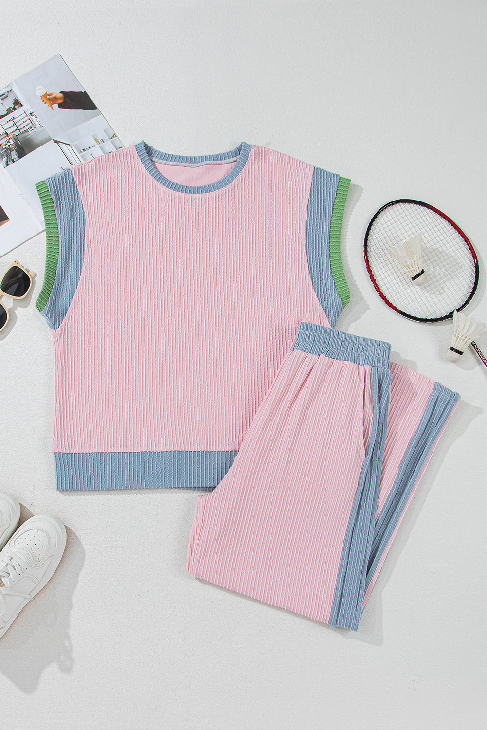 Colorblock Corded Patchwork Top & Loose Pants Set