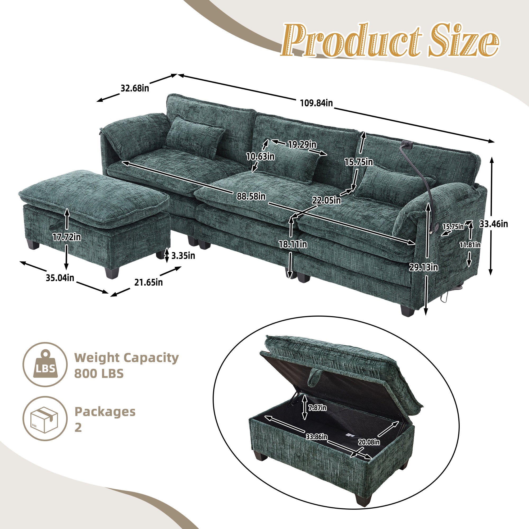 UNITED WE WIN 112' Oversized Sectional Sofa Cloud Couch for Living Room, Modern Chenille L Shaped Couch, Comfy Boucle Modular Sofa Sleeper with Movable Storage Ottoman, Phone Holder, USB Charging Port
