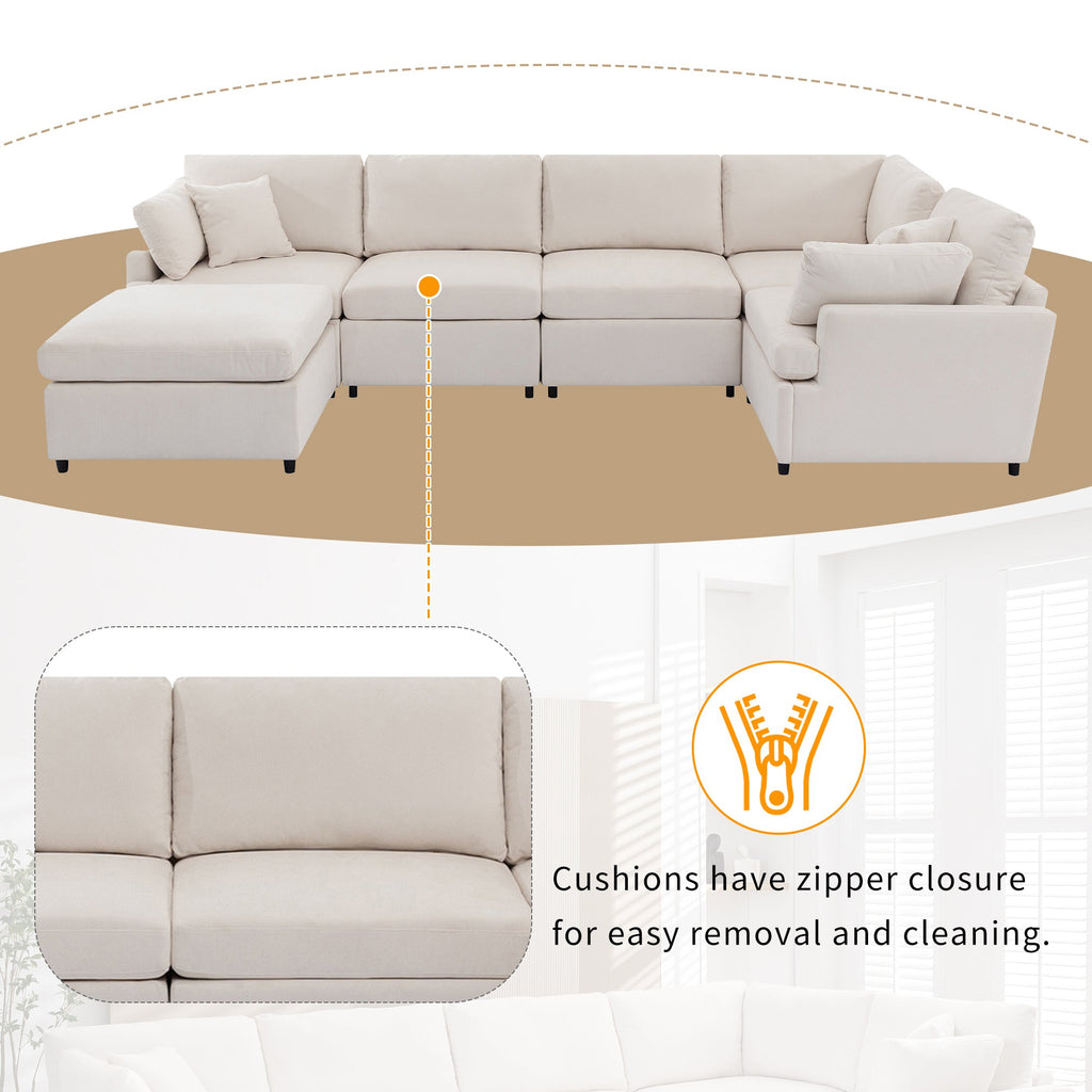[ Video Provided]U_STYLE Upholstered Sectional Sofa with Removable Ottoman,U-Shape 6 Seat Sectional Couch,  for Living Room,,Apartment, Spacious Space