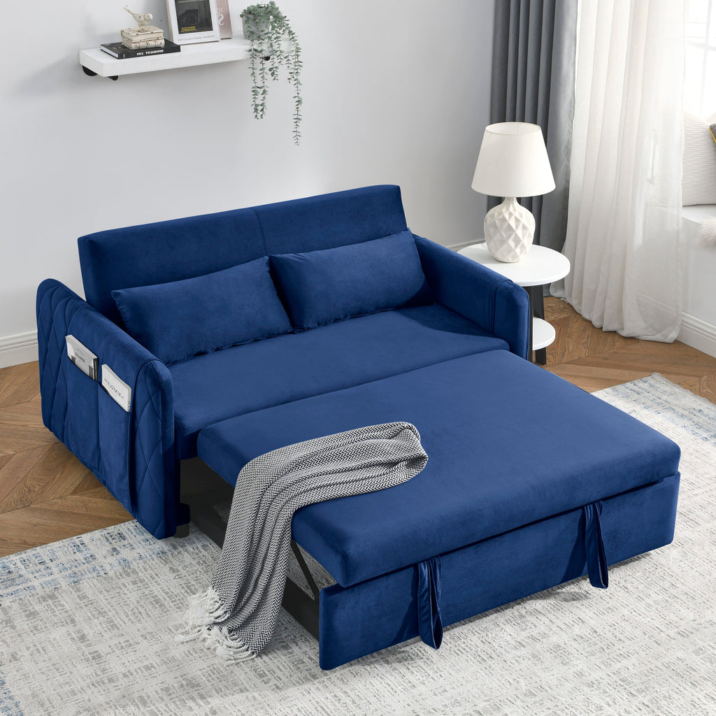 55' Modern Convertible Sofa Bed with 2 Detachable Arm Pockets, Velvet Loveseat Sofa with Pull Out Bed, 2 Pillows and Living Room Adjustable Backrest, Grid Design Armrests