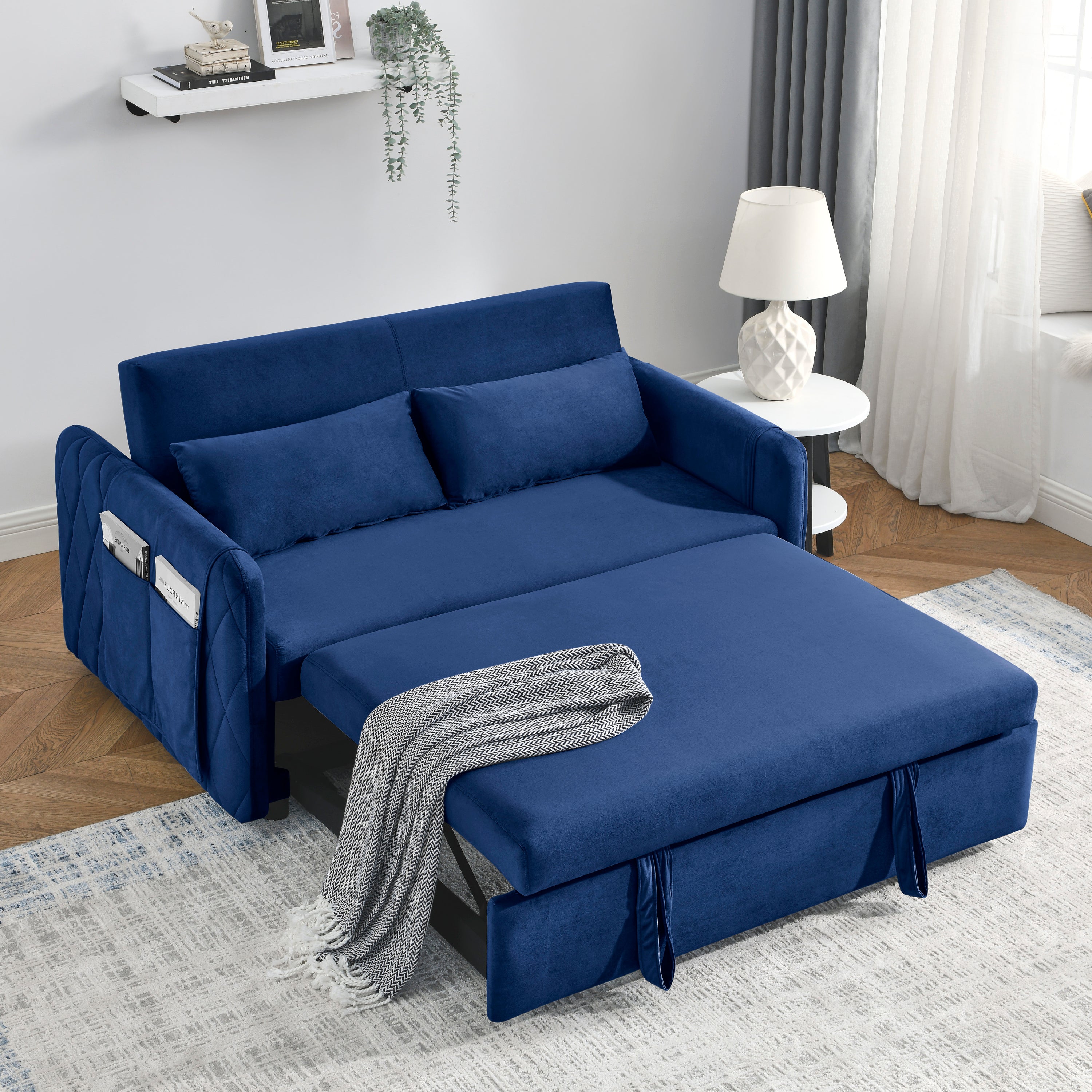 55' Modern Convertible Sofa Bed with 2 Detachable Arm Pockets, Velvet Loveseat Sofa with Pull Out Bed, 2 Pillows and Living Room Adjustable Backrest, Grid Design Armrests