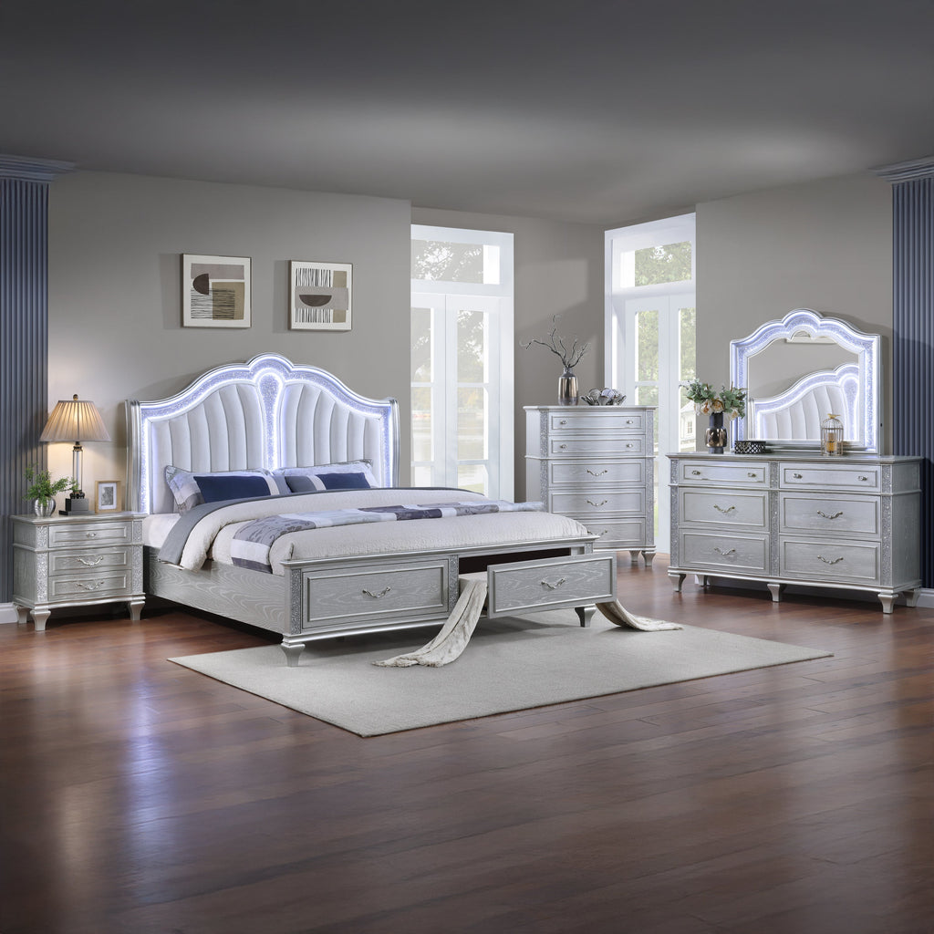Mystic Contemporary Style Upholstered LED headboard King 5PC Bedroom Set made with Wood in Silver(CA Inventory)