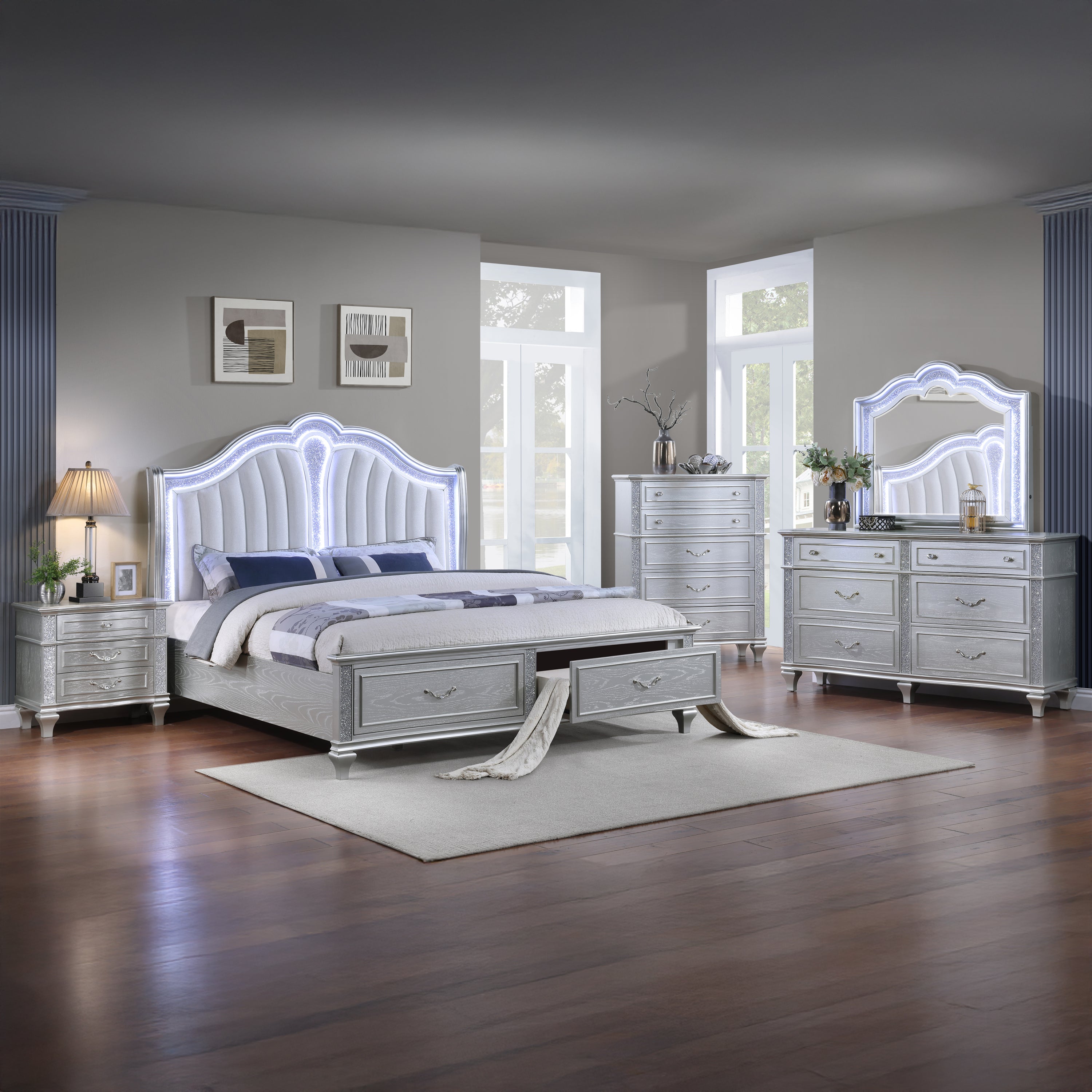 Mystic Contemporary Style Upholstered LED headboard Queen 5PC Bedroom Set made with Wood in Silver(NJ Inventory)