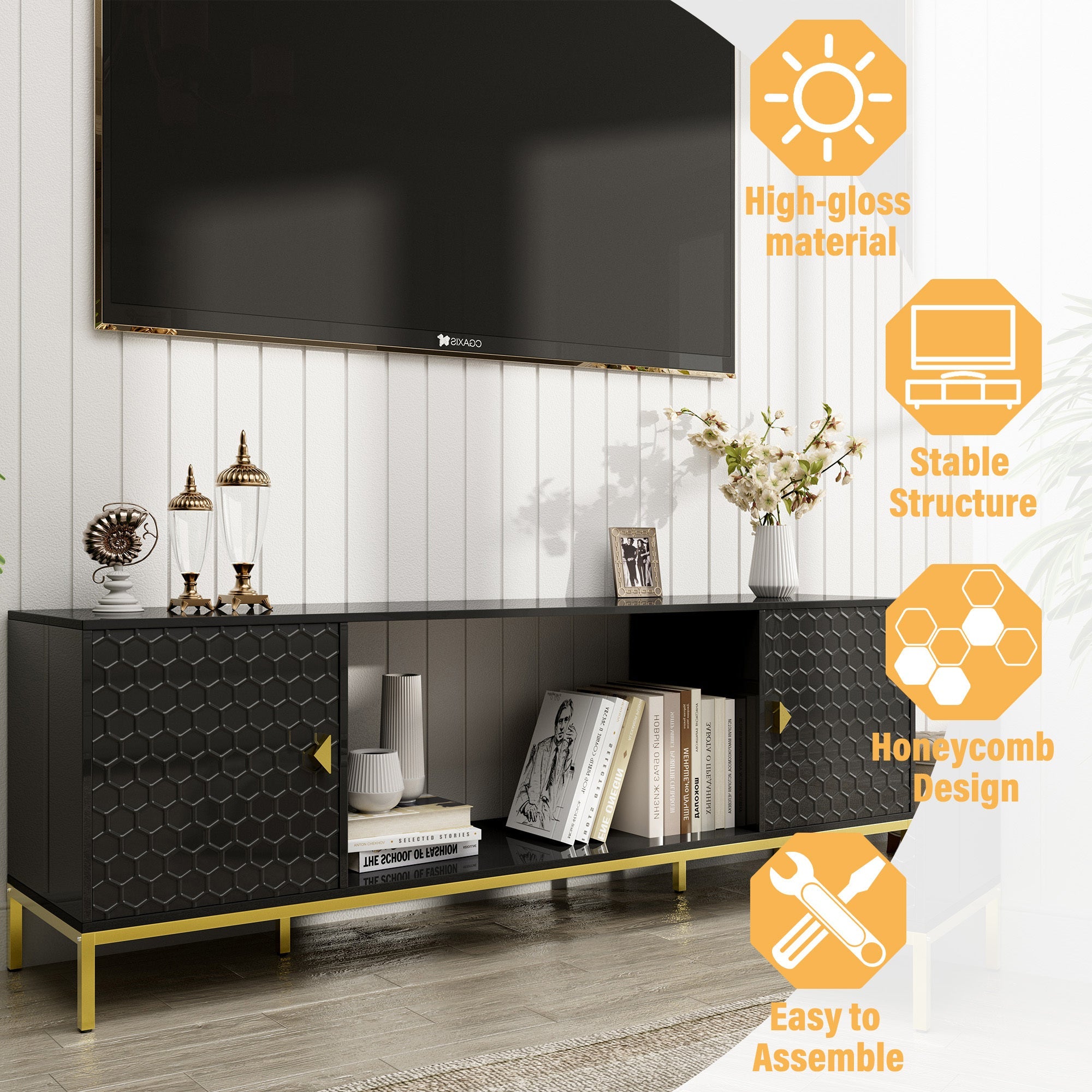 70 Inch TV Stand, Heavy Duty Wood Media Entertainment Center Console with Cabinet Storage & Open Shelves for Living Room, Modern Design (Black)