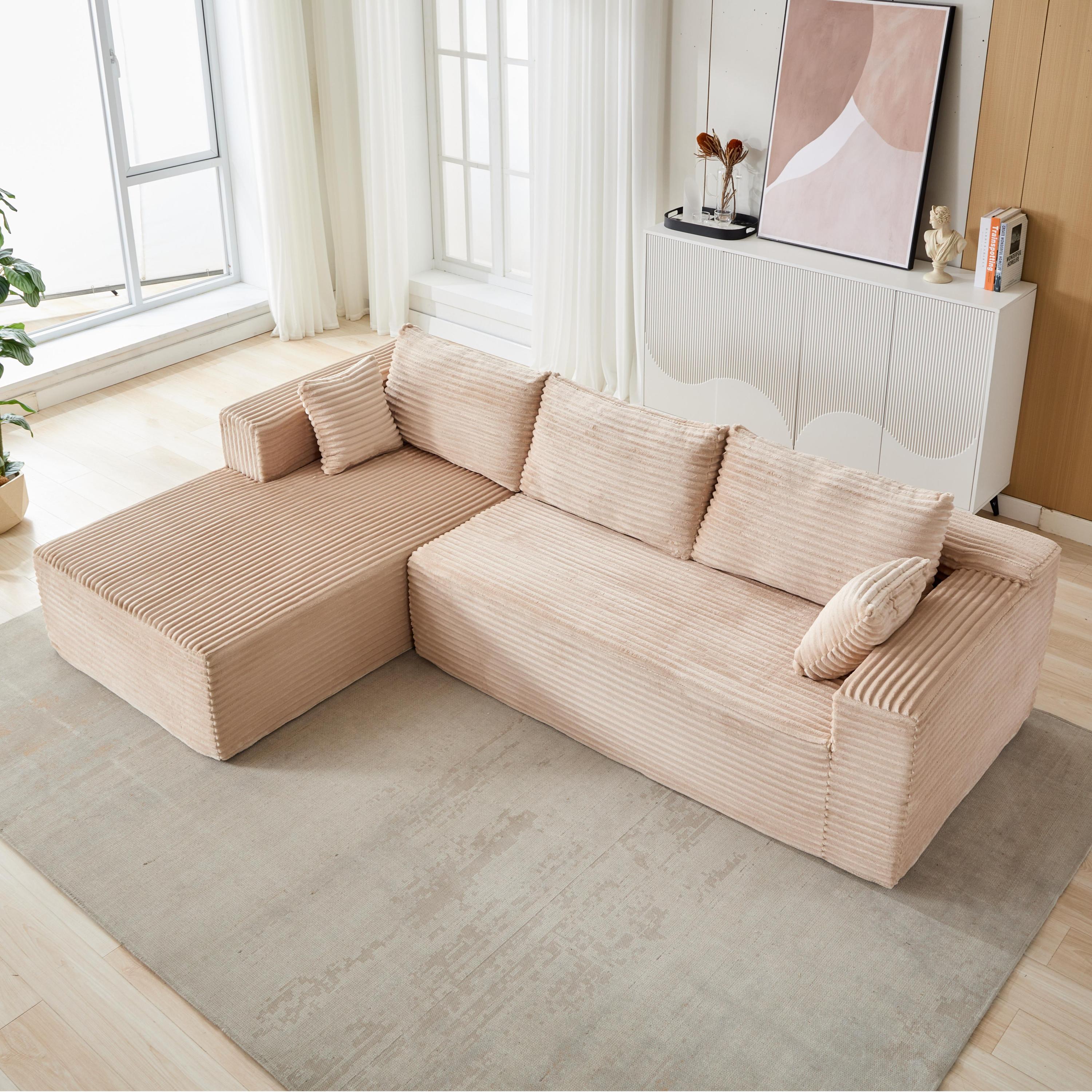 Compression Sectional Couch with Comfy Chaise, Boneless L Shape Sofa with Deep Seat, Minimalist Modular Couches Sleeper for Living Room Bedroom Apartment Lounge,corduroy,Beige