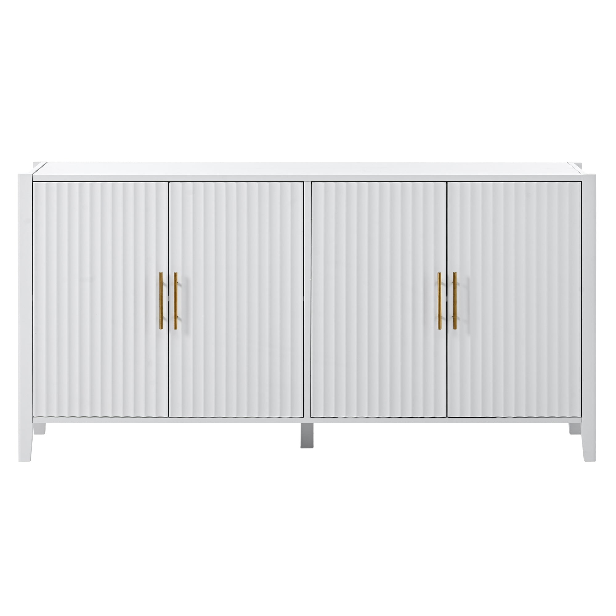 U_Style 63.1''Modern 4-Vertical Wavy Slatted Doors Sideboard,Storage Cabinet With Elegant Design, Solid Wood Legs with Painted,Metal Handles,for Dining Room,Living Room, Kitchen, or Entryway(White)