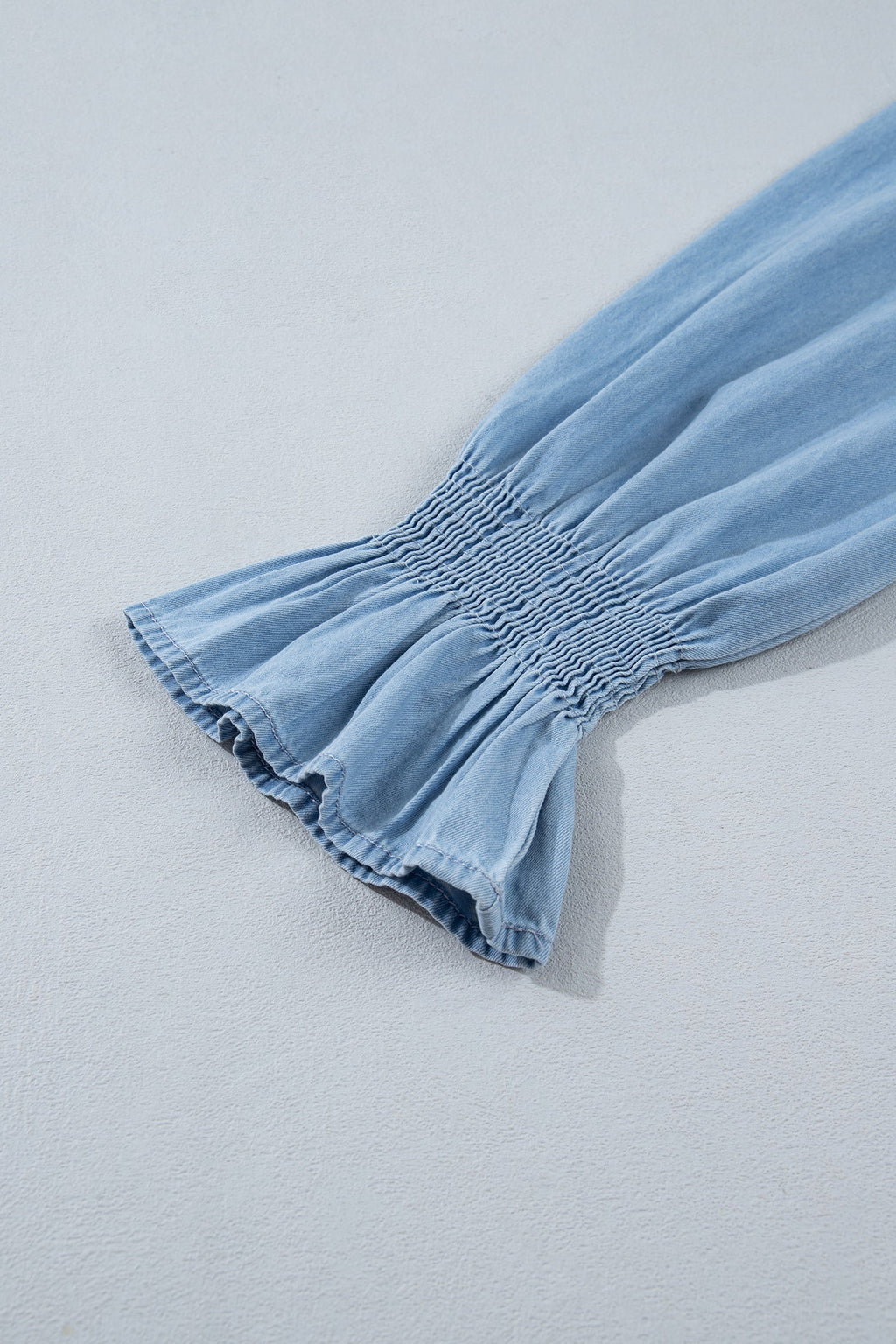 Western Denim Chambray Ruffle V-Neck Long Sleeve Blouse