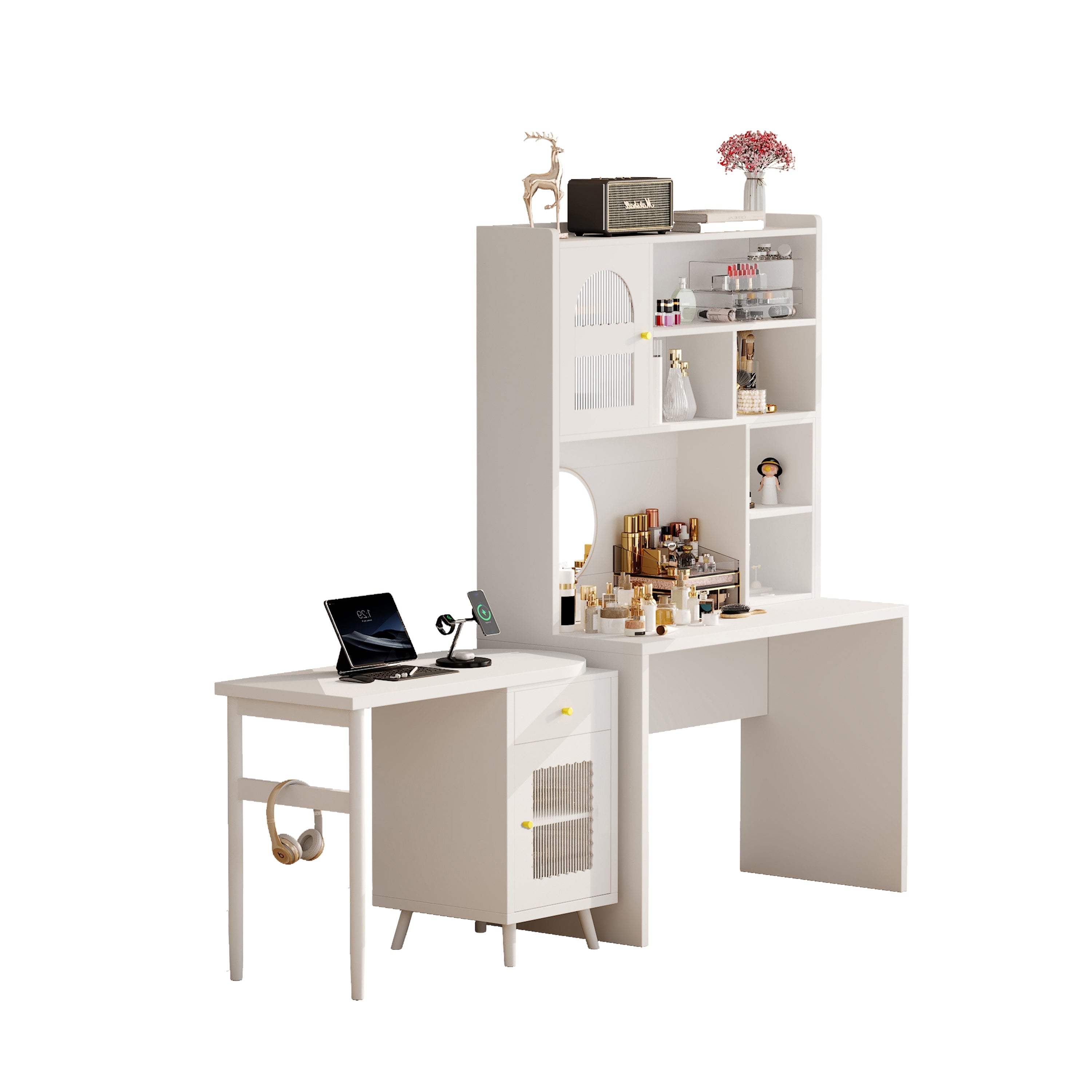 Computer Desk with 90 Degree Rotating Desktop, 43x70 Inch Office Desk with Storage Drawer and Cabinets, Gaming Desk with Shelves, Writing Desk for Study, Work Desk for Home Office Bedroom Living Room