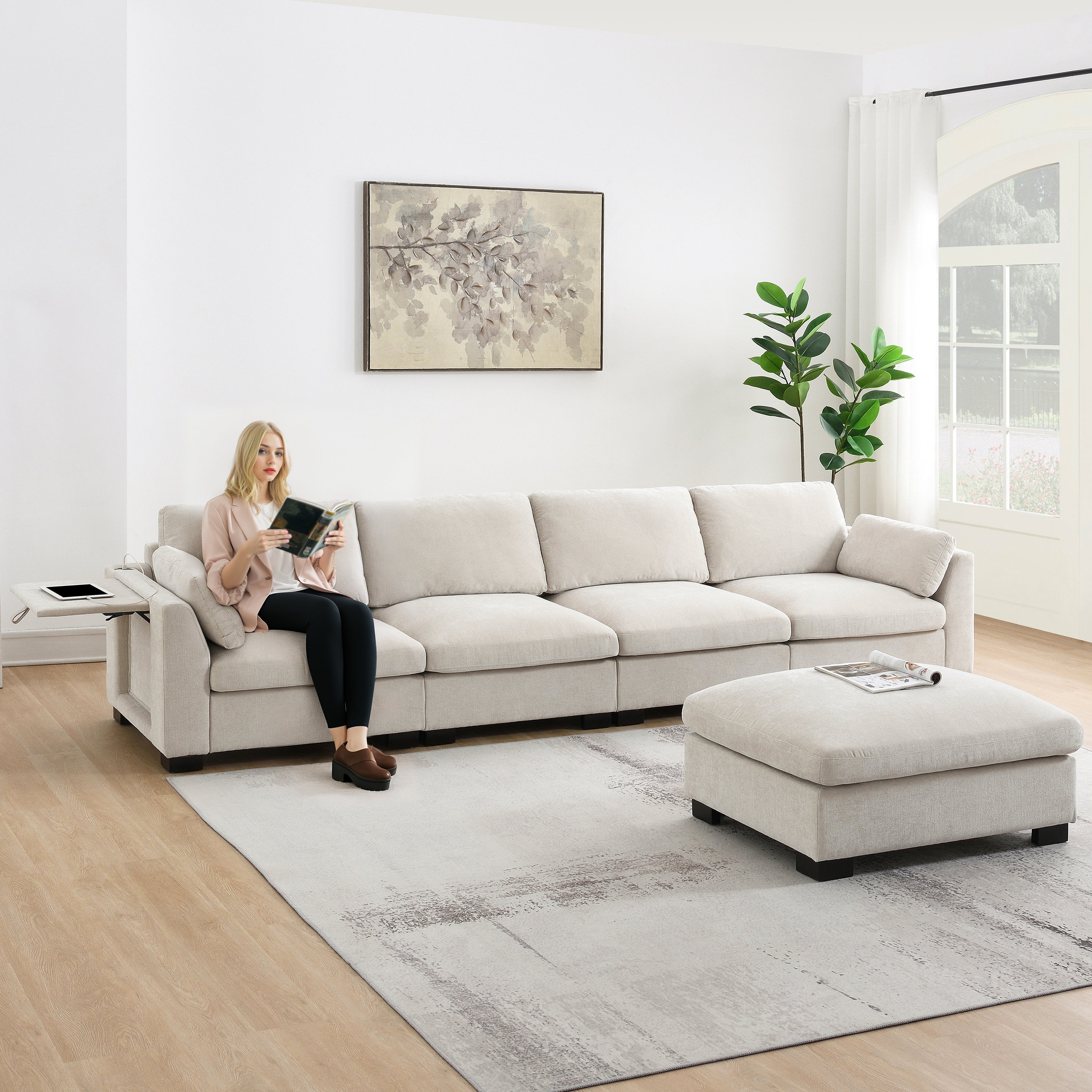 [VIDEO]130' Modular Sectional Sofa, L-Shape with Folding Table and Dual-Port Charging, Side Storage Pockets, 2 Armrest Pillows, Free Movement Ottoman, High Density Foam, Chenille, 5 Seat, 2 Colors