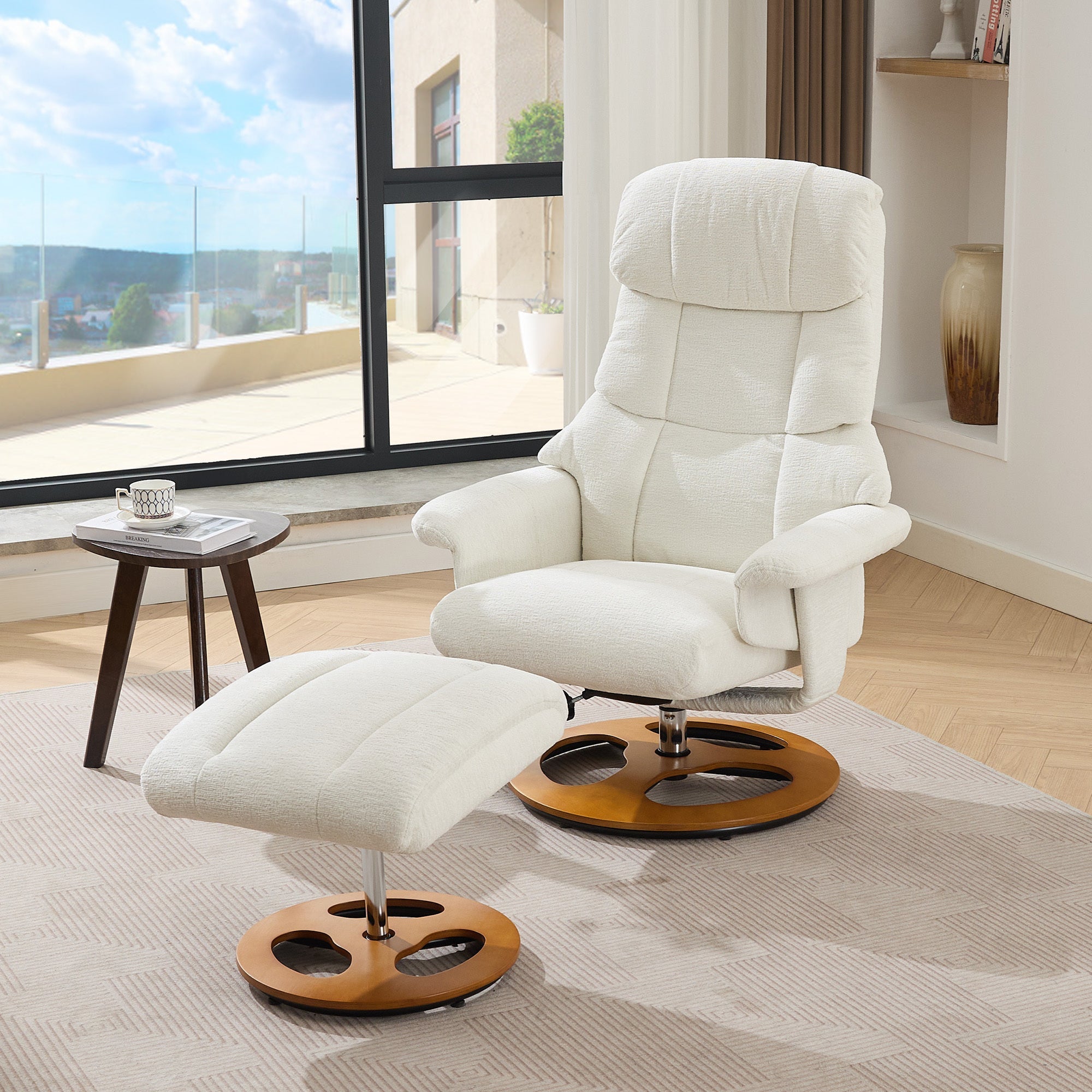 010-Ergonomic Recliner Chair with Ottoman, Modern 360° Swivel Lounge Chair with Footstool, Chenille Fabric, 5 Point Vibration Massage, Seat Heating & 140° Adjustable Backrest for Home or Office, White