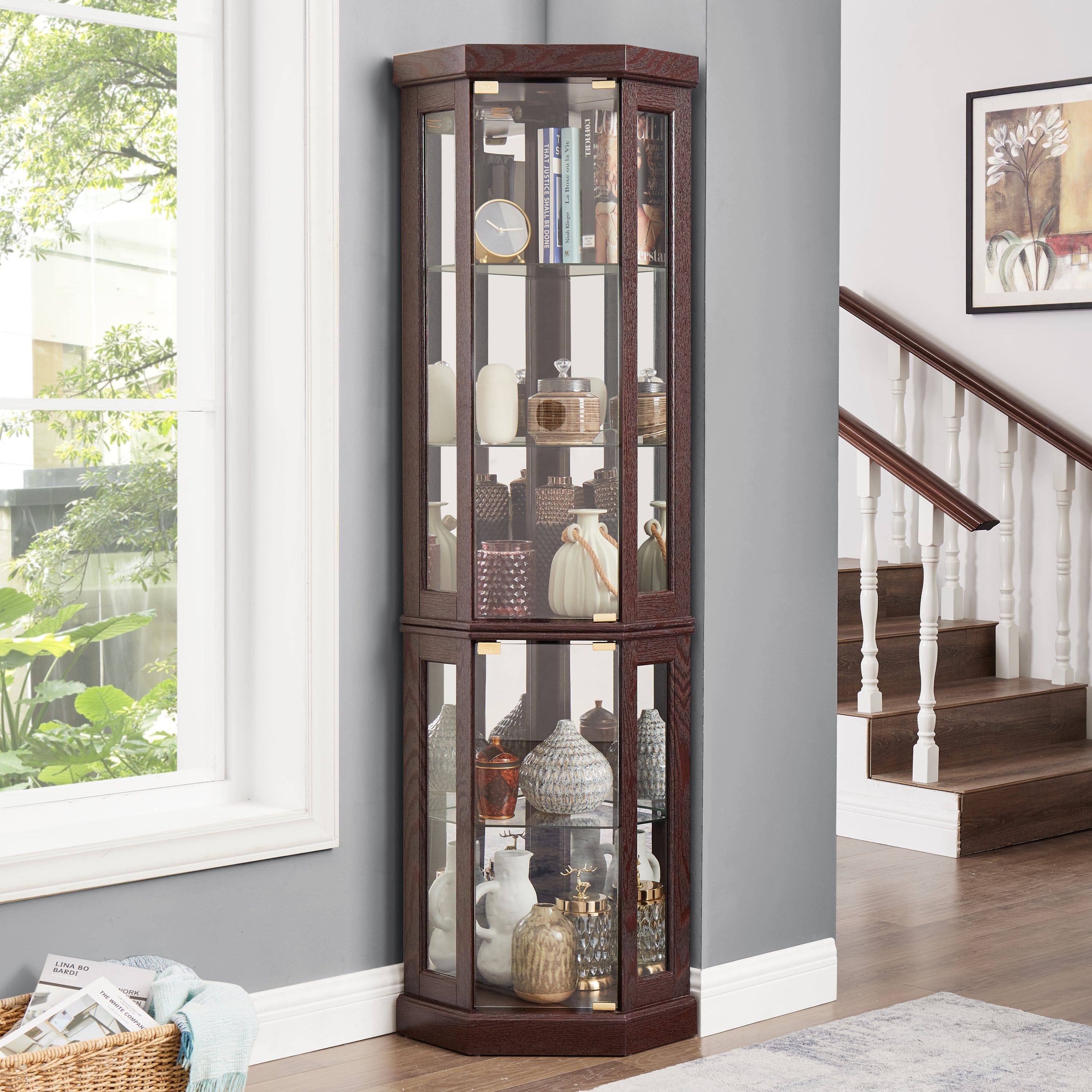 Lighted Corner Curio Cabinet - Display Case for Living Room, Antique Collectibles, Wine & Bar Glass Storage - Elegant Corner Design with Lights Included-Dark Cherry