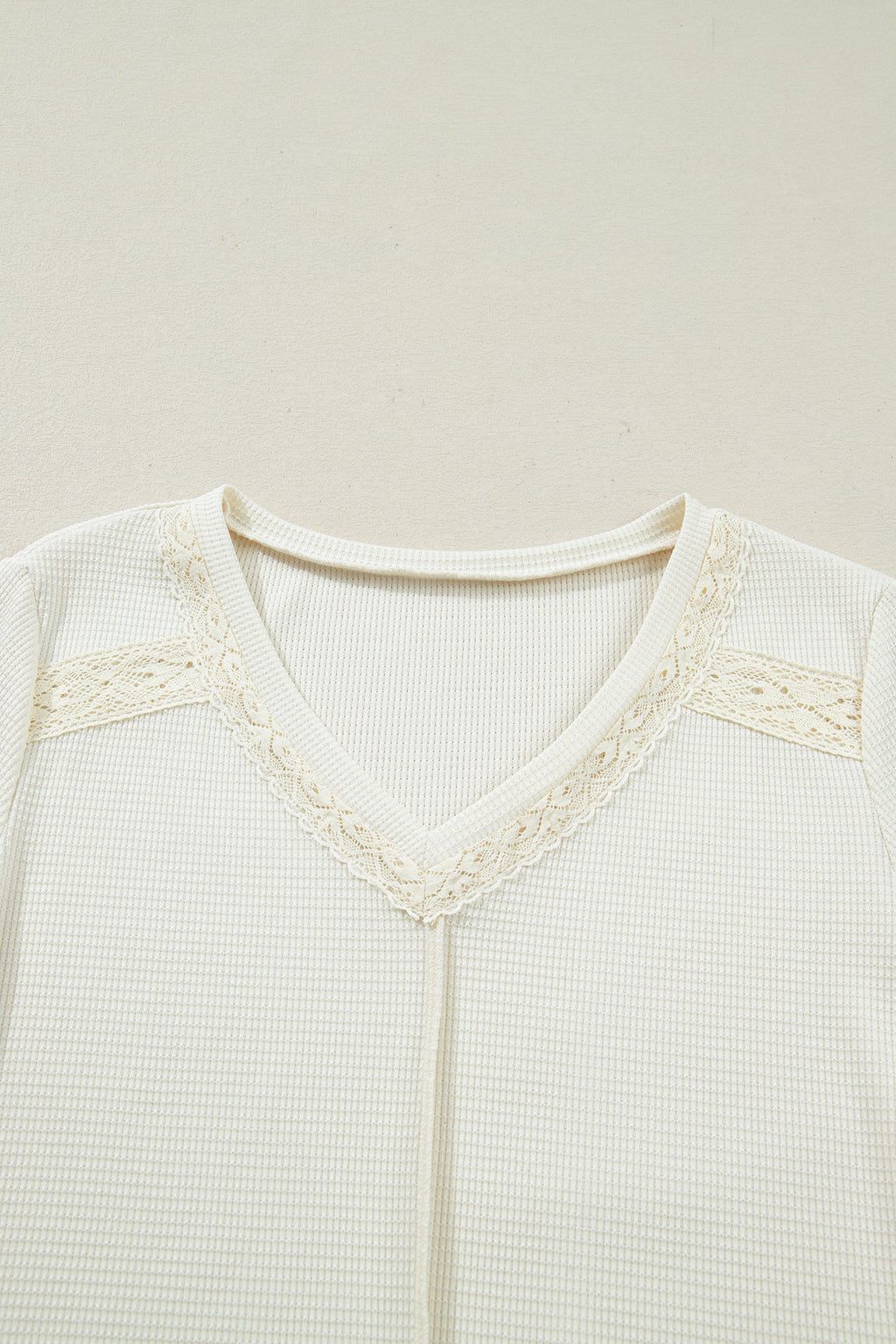 Thermal Knit Lace Ruched Patchwork V-Neck Top