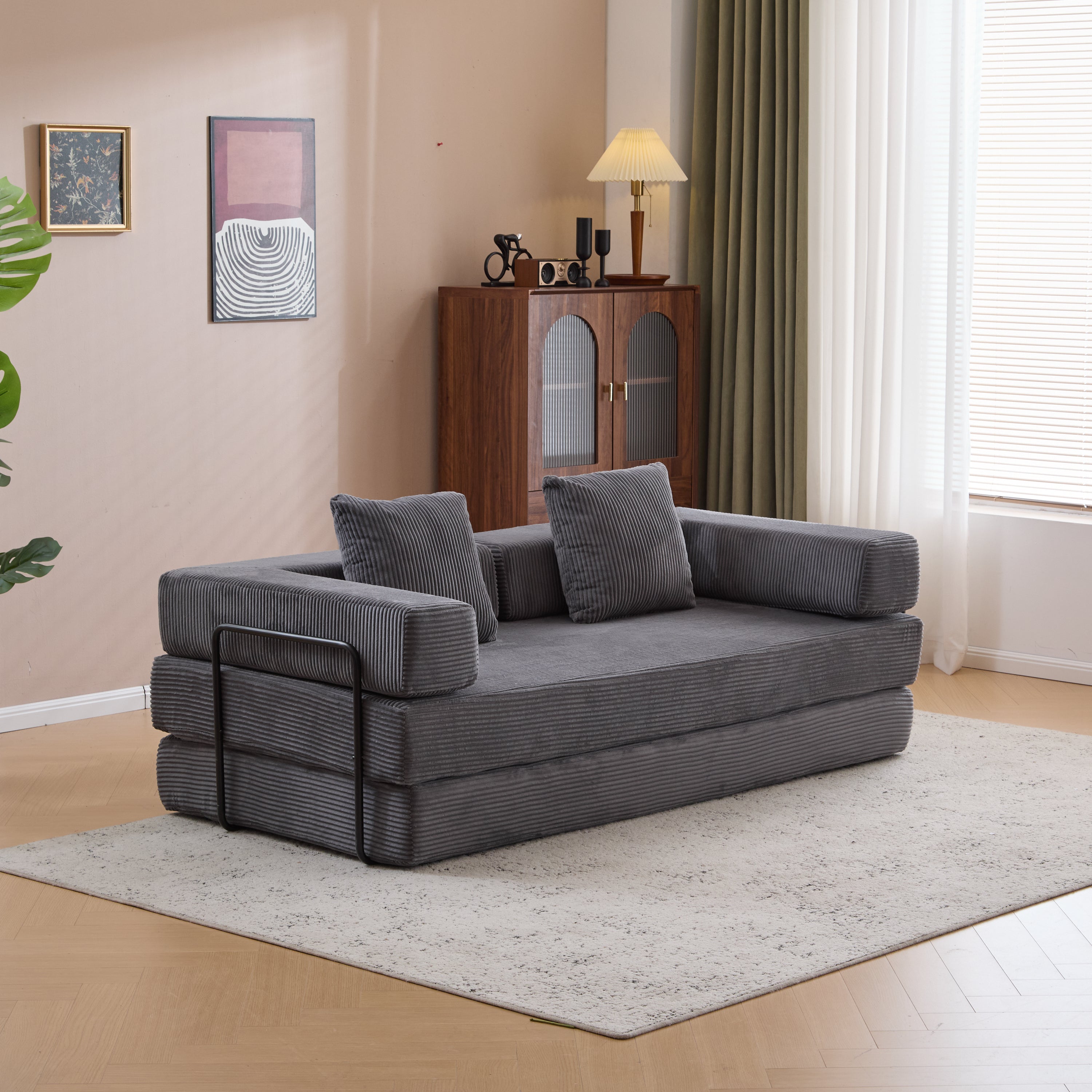 Floor Couch,Compression Sofa,Convertible Floor Sofa Bed-with Pillow Back Support Armrest,Comfy Futon Couch Lounge Sleeper Bed,Corduroy Fabric,for Living Room Bedroom (dark grey)