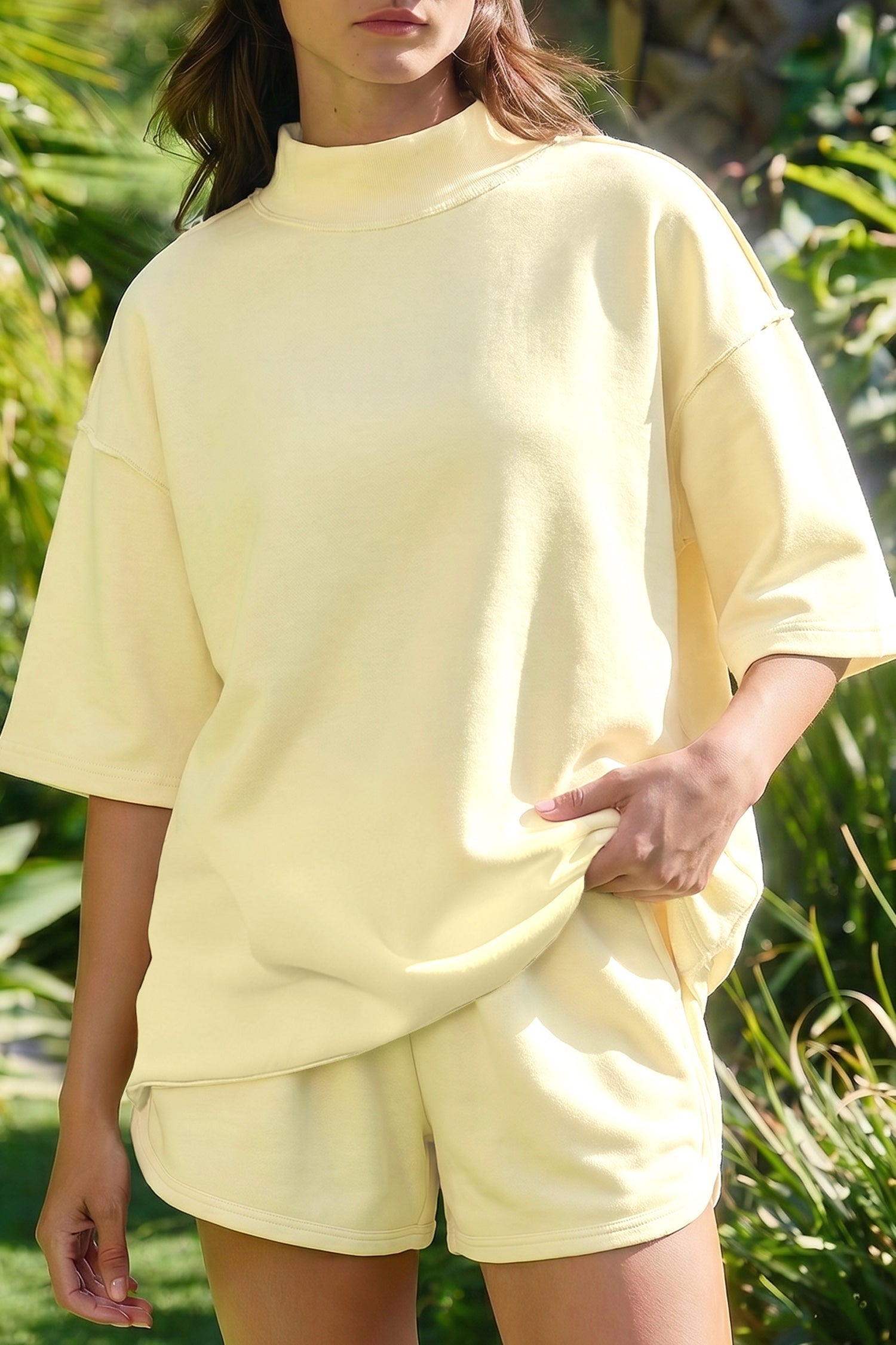 Solid Exposed Seam Mock Neck Tee & Shorts Set