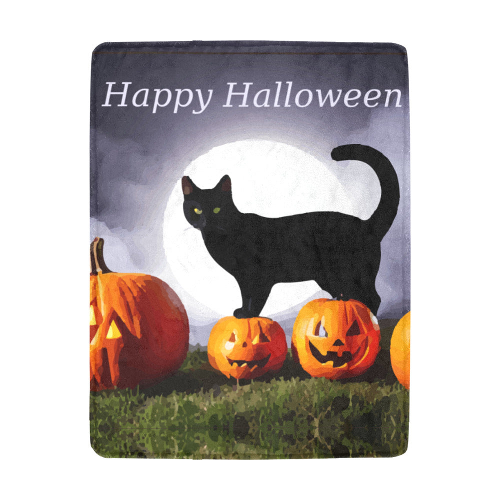 Halloween Black Cat on Orange Pumpkins Ultra Soft Blanket 43" x 56" (Made in USA)