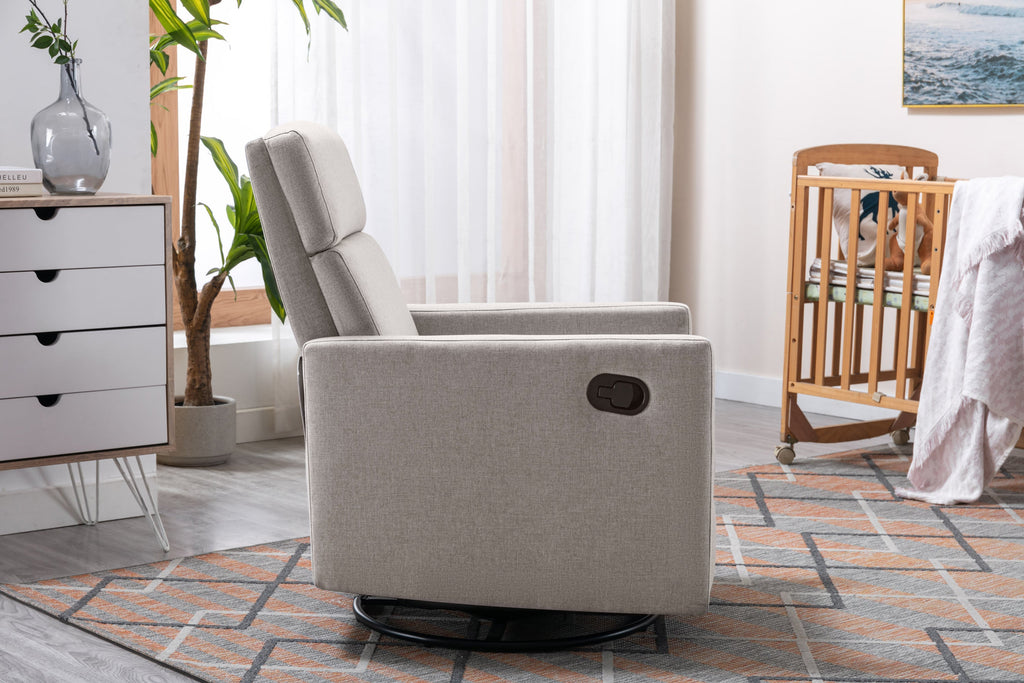Modern Upholstered Rocker Nursery Chair with Plush Seating, Tan Linen, Swivel Recliner